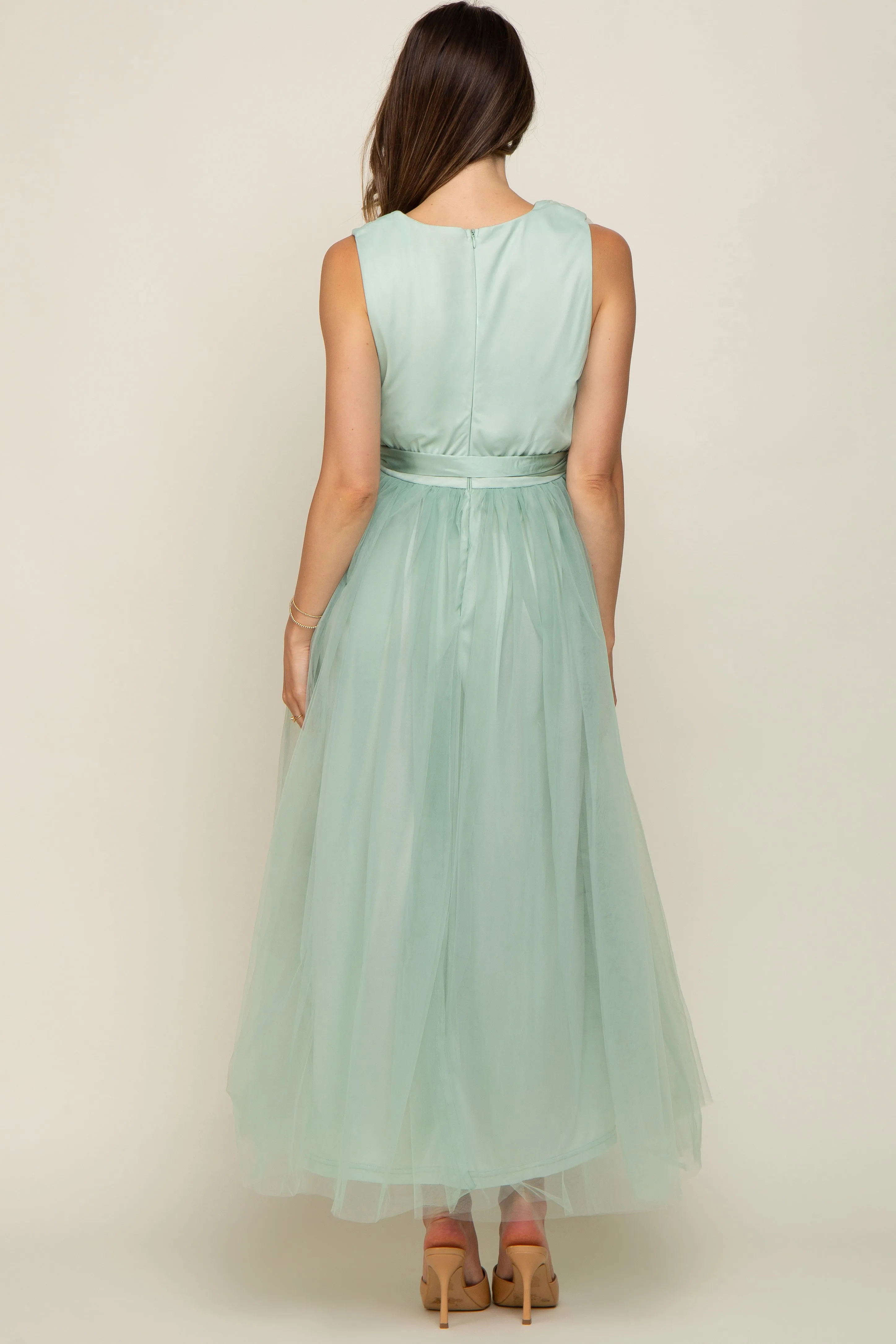 Mint Green Wrap V-Neck Waist Tie Tulle Maternity Midi Dress