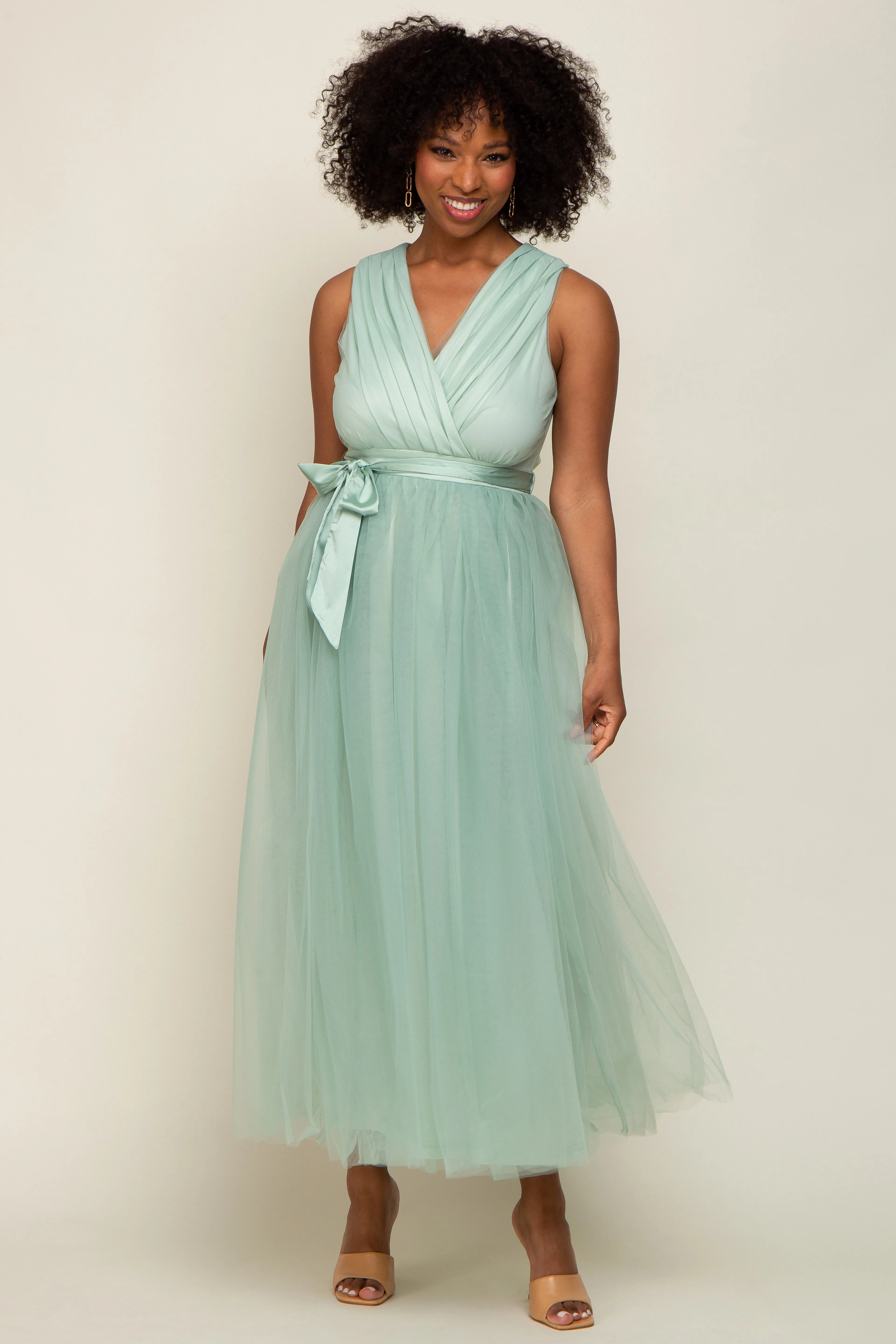 Mint Green Wrap V-Neck Waist Tie Tulle Maternity Midi Dress