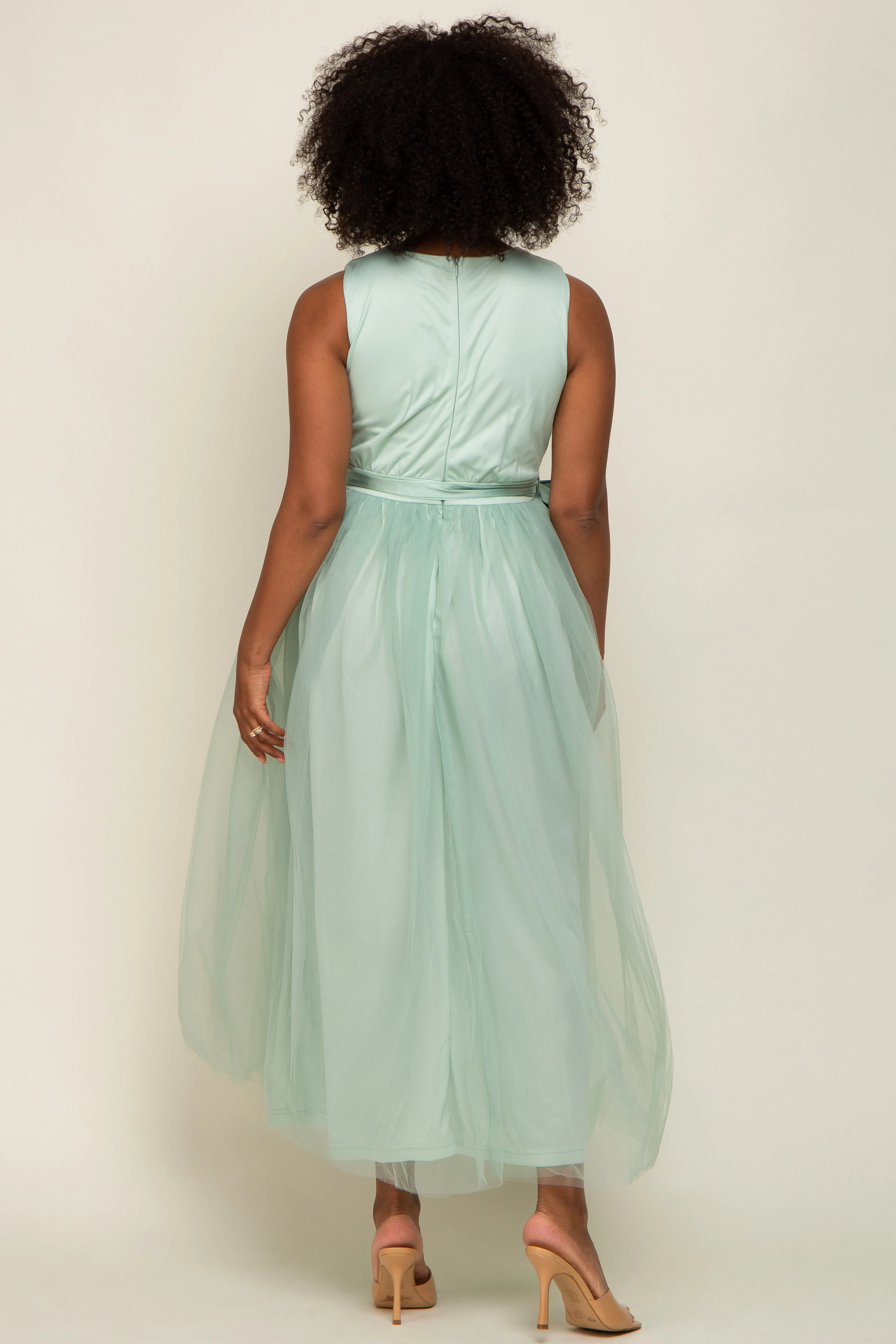 Mint Green Wrap V-Neck Waist Tie Tulle Midi Dress