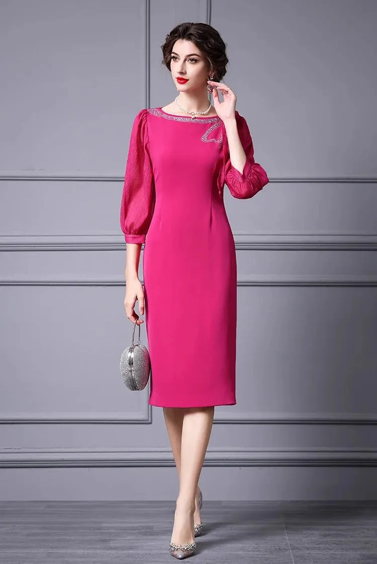 Monroe Three Quarter Sleeved Three-Dimensional Flower Diamond High-Waisted Hip Wrap MIDI Dress