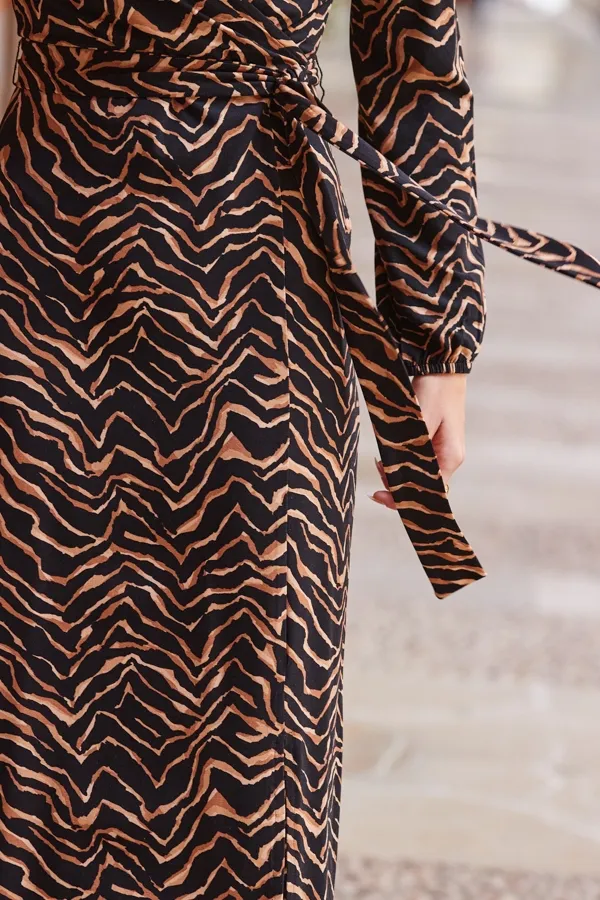 Natural Animal Print Midi Wrap Jersey Dress