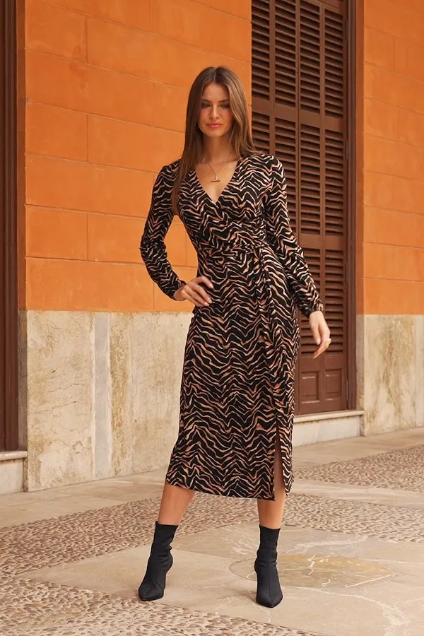 Natural Animal Print Midi Wrap Jersey Dress