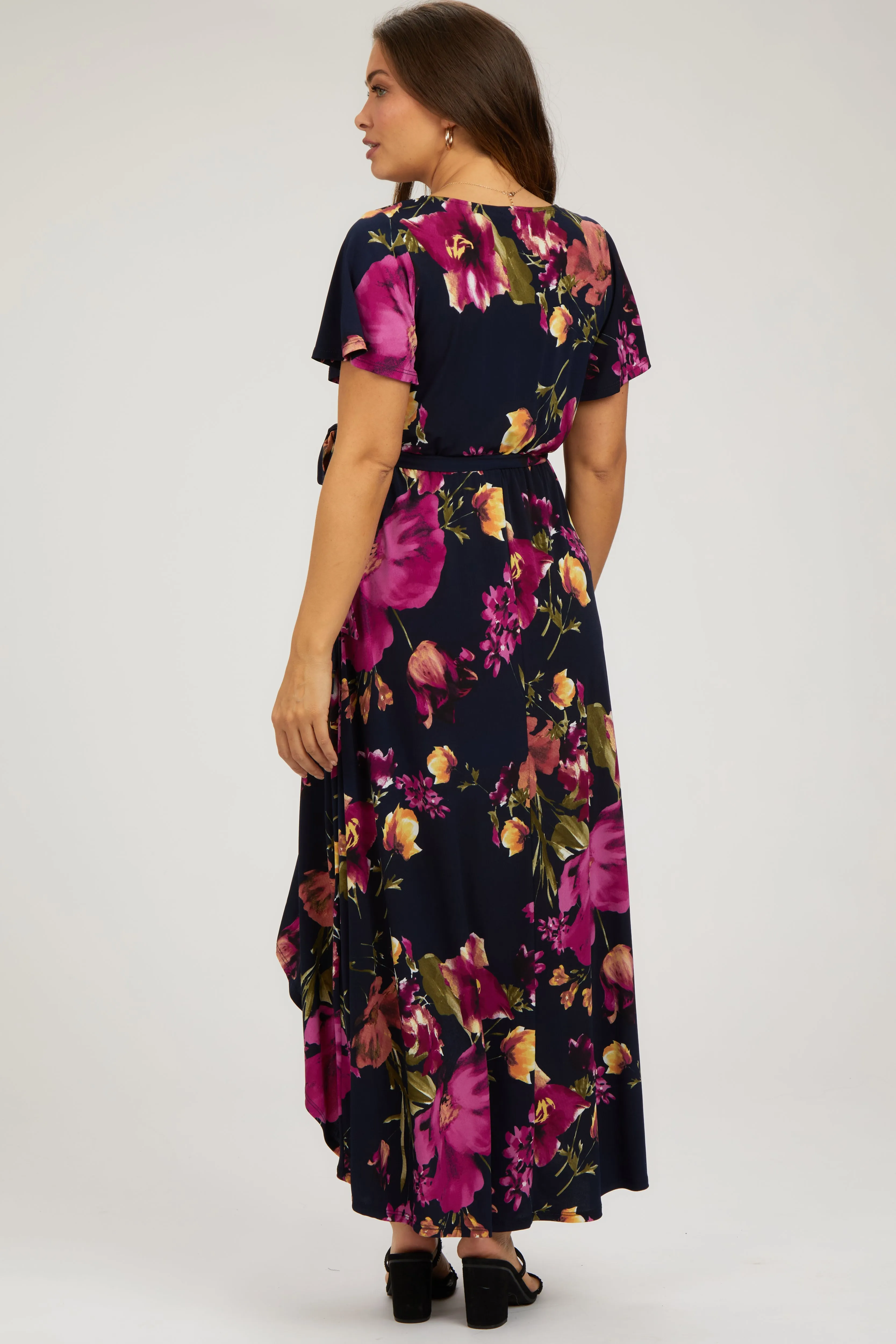 Navy Blue Floral Print Wrap Front V-Neck Hi-Low Maternity Midi Dress