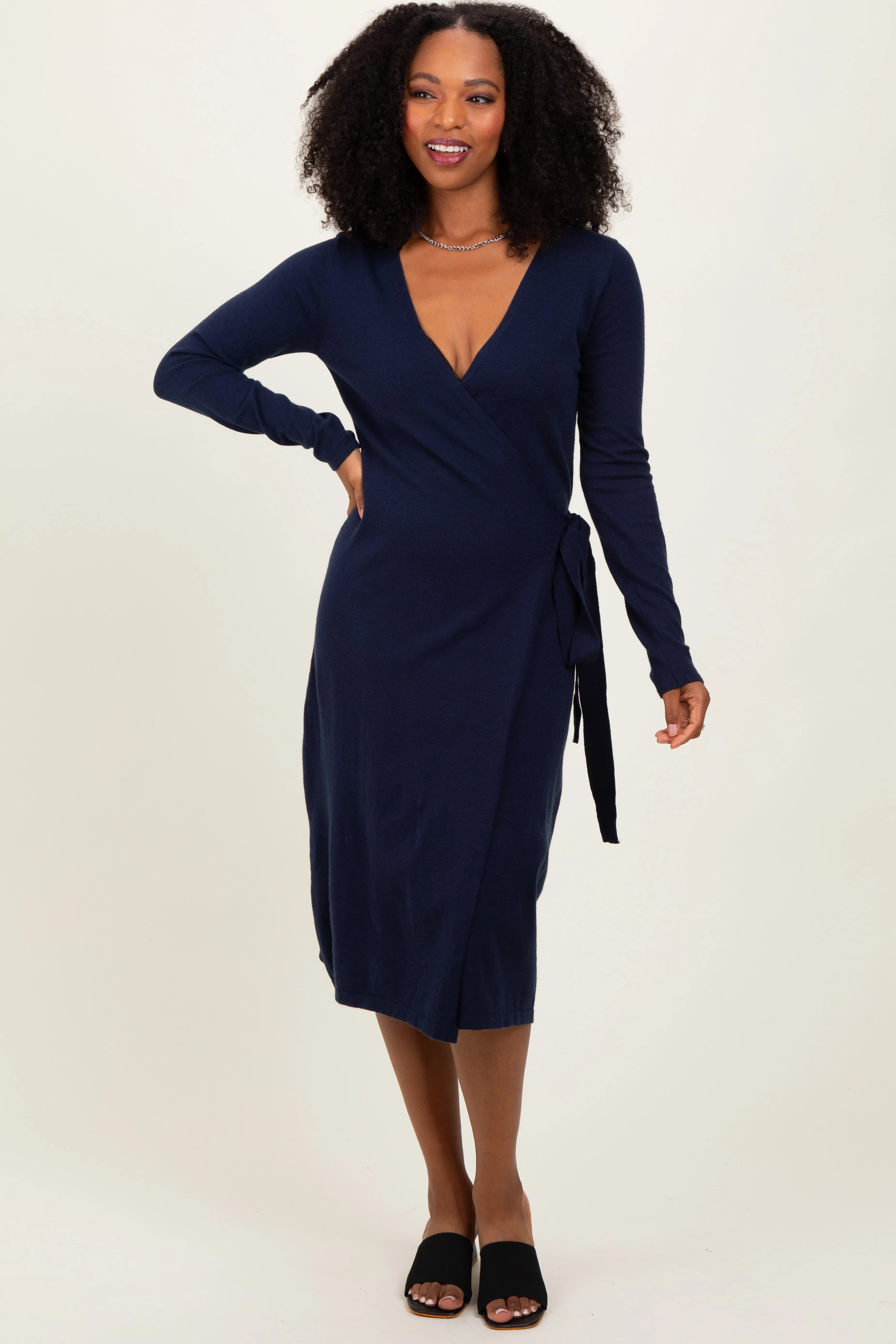 Navy Blue Knit Long Sleeve Wrap Midi Dress