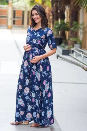 Navy Floral Maternity & Nursing Wrap Dress