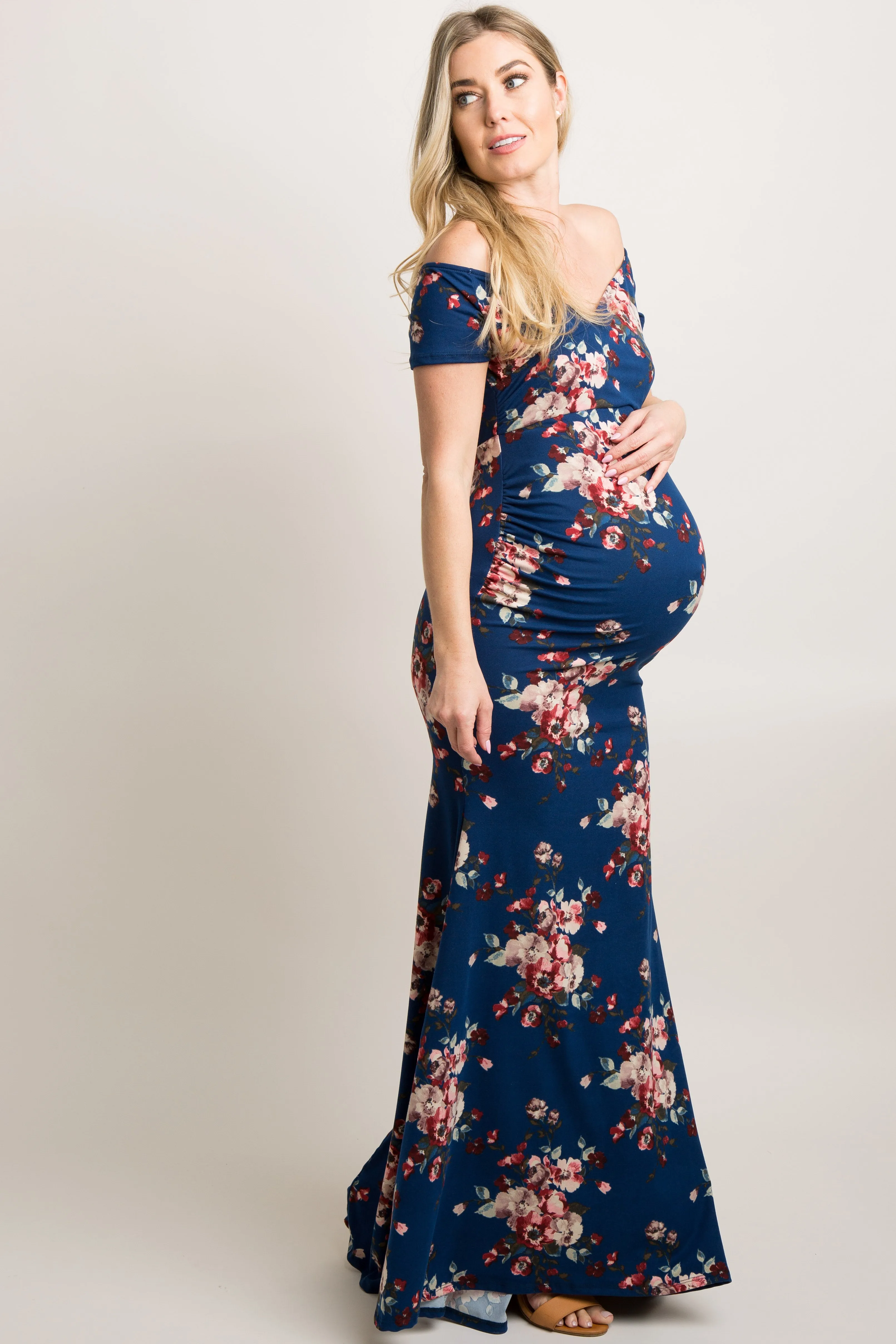 Navy Floral Off Shoulder Wrap Maternity Photoshoot Gown/Dress