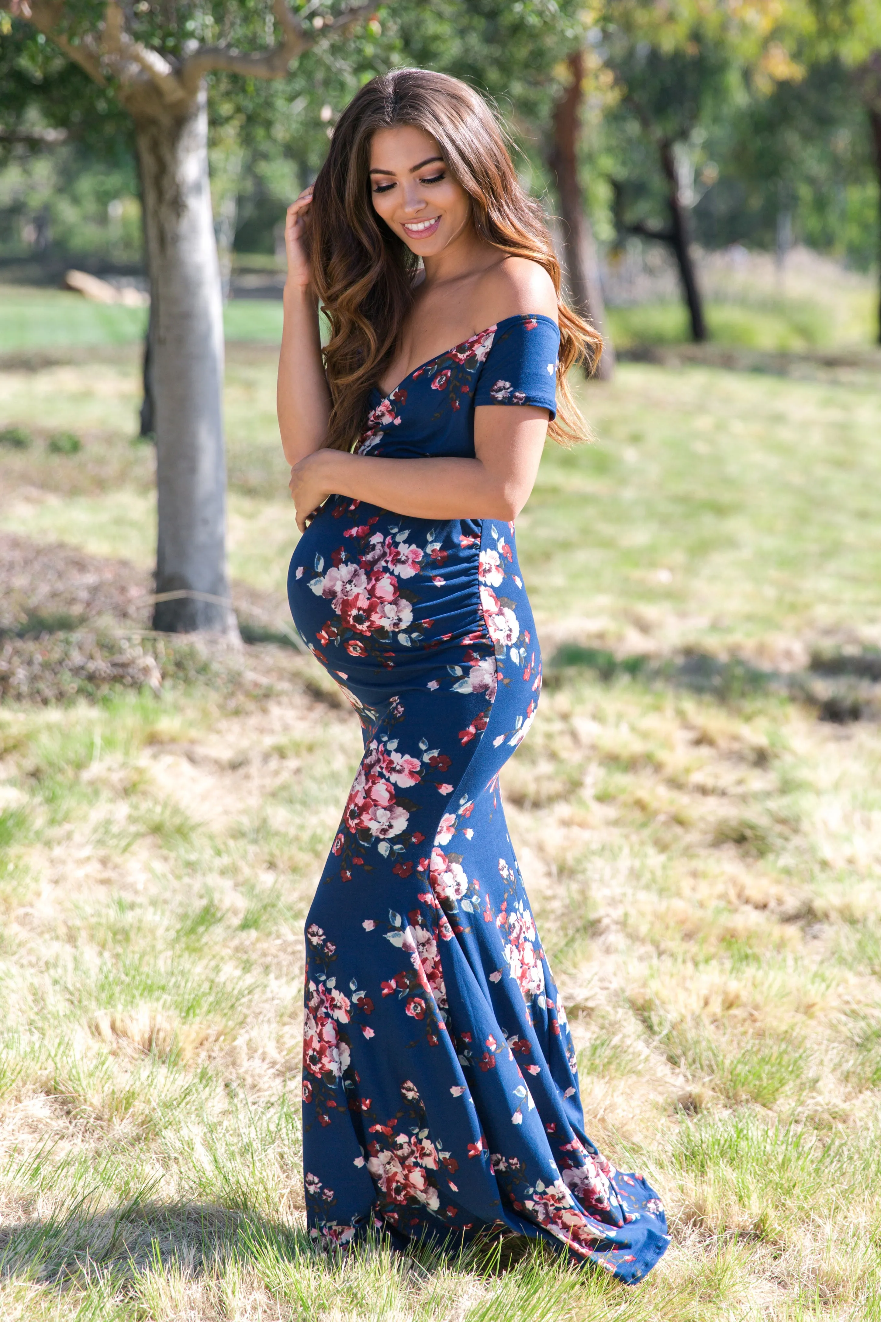 Navy Floral Off Shoulder Wrap Maternity Photoshoot Gown/Dress