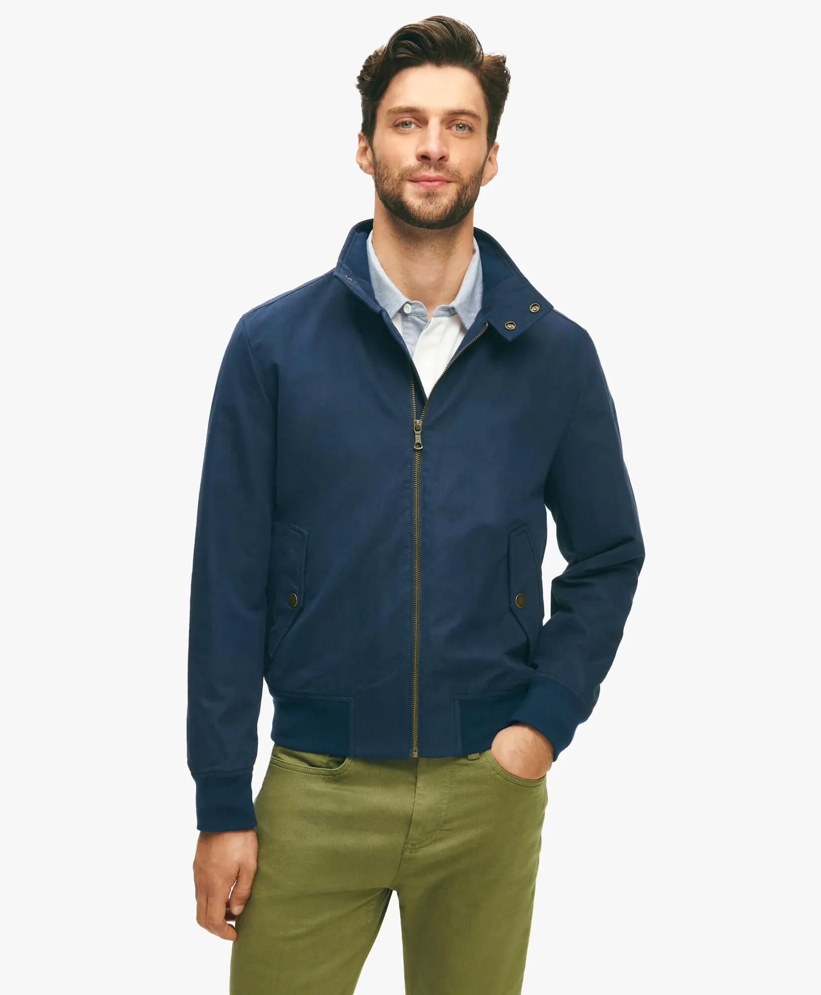 Navy Harrignton Jacket in Cotton Blend in Navy for Men | Brooks Brothers® UK