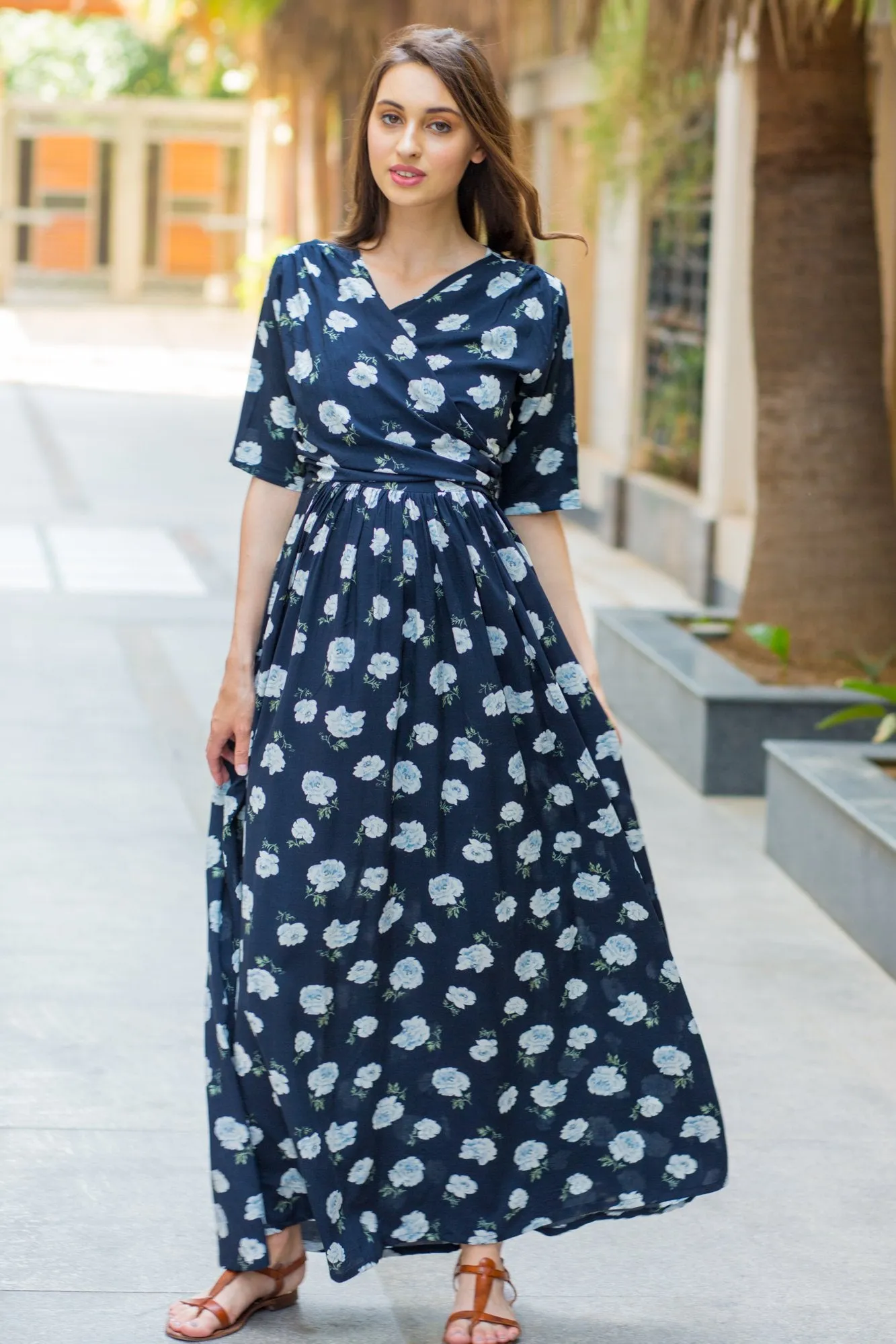 Navy White Blossom Maternity & Nursing Wrap Dress