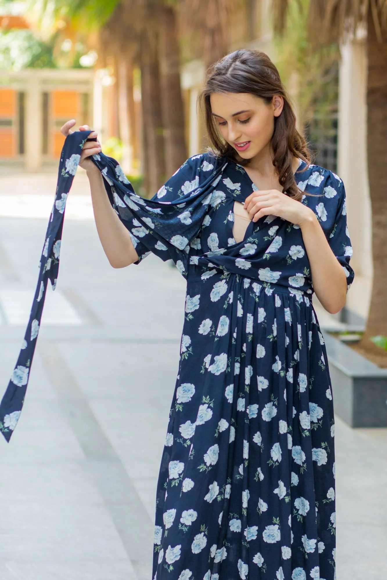 Navy White Blossom Maternity & Nursing Wrap Dress