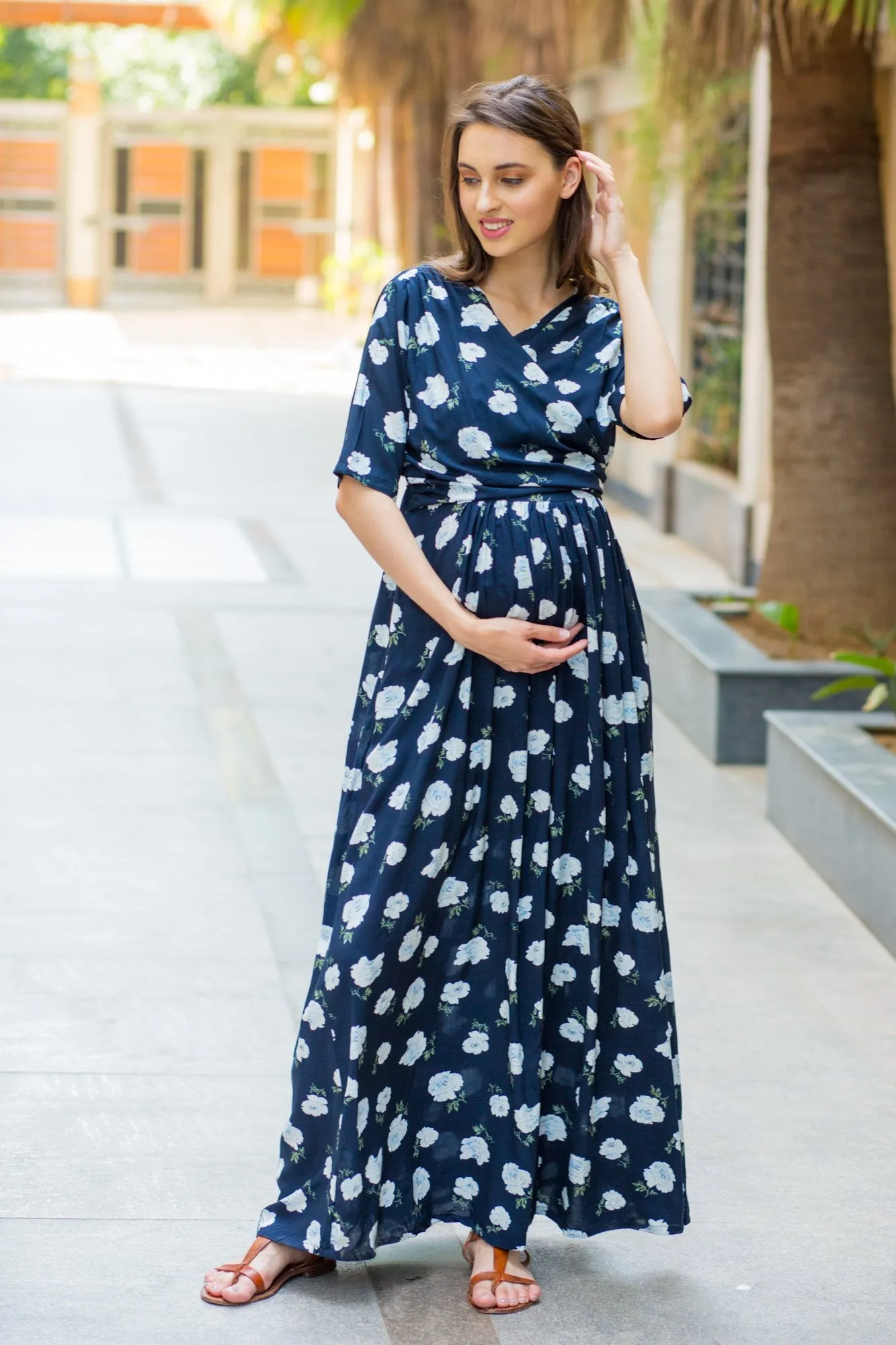 Navy White Blossom Maternity & Nursing Wrap Dress