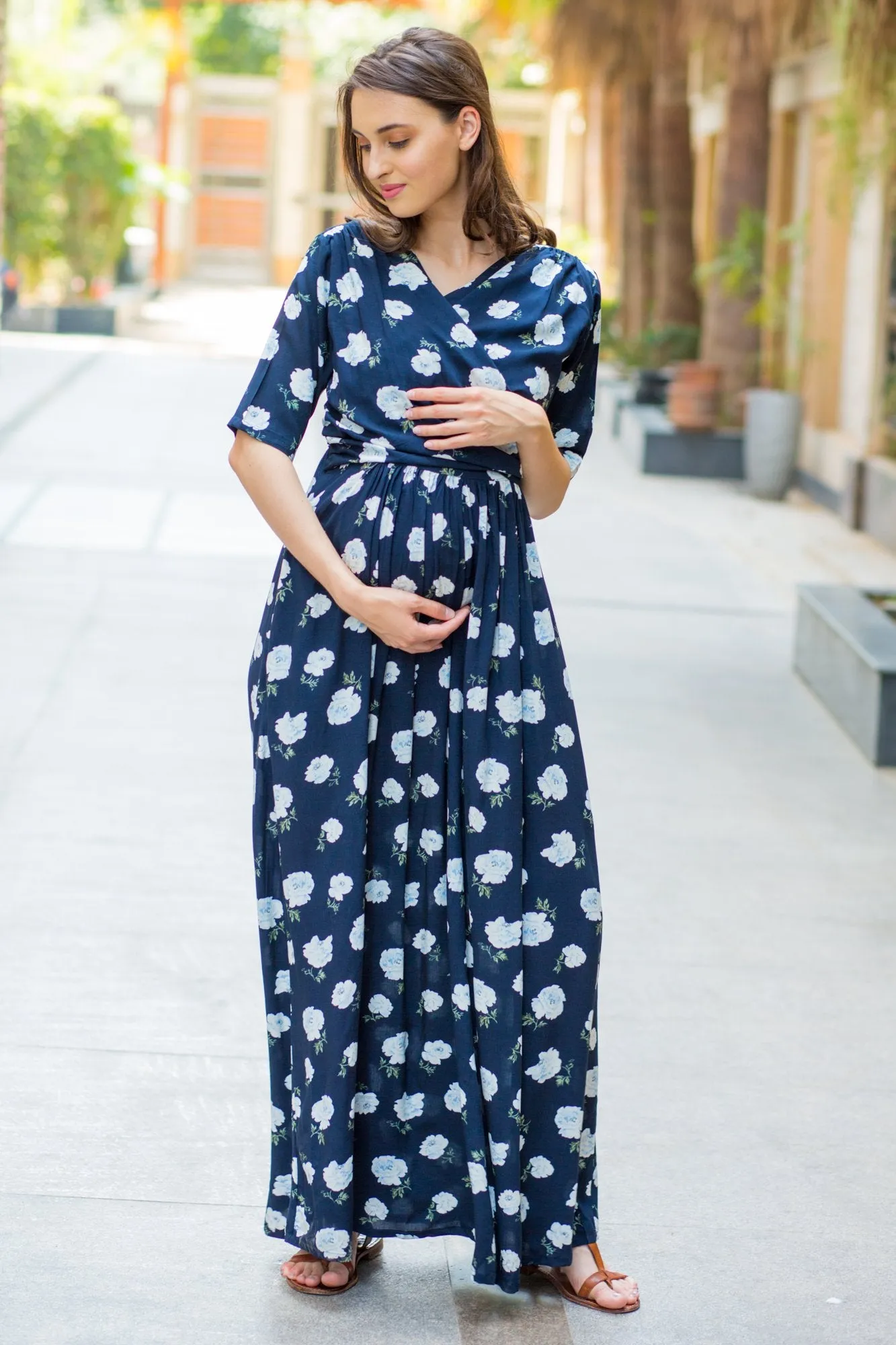 Navy White Blossom Maternity & Nursing Wrap Dress