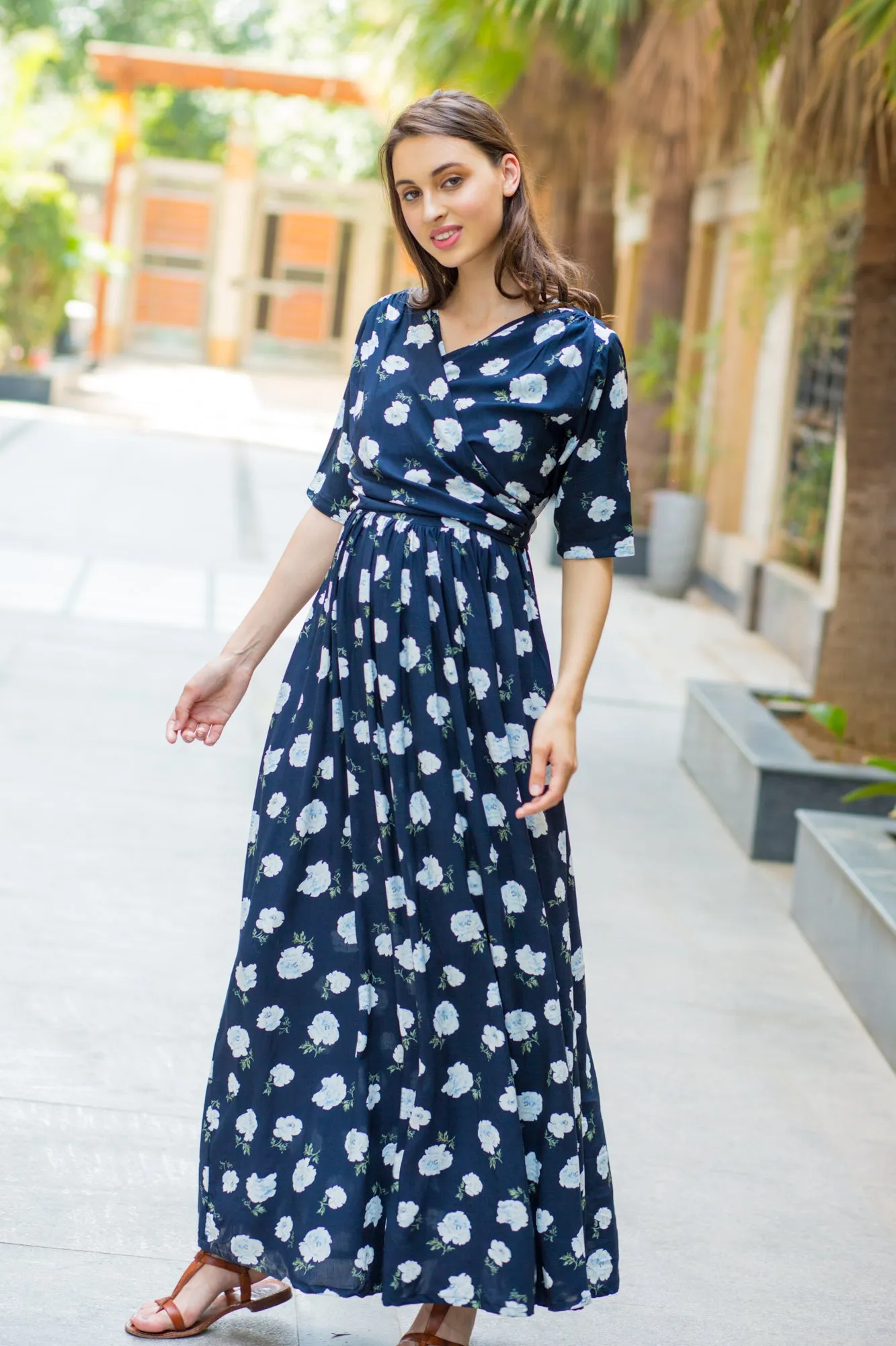 Navy White Blossom Maternity & Nursing Wrap Dress