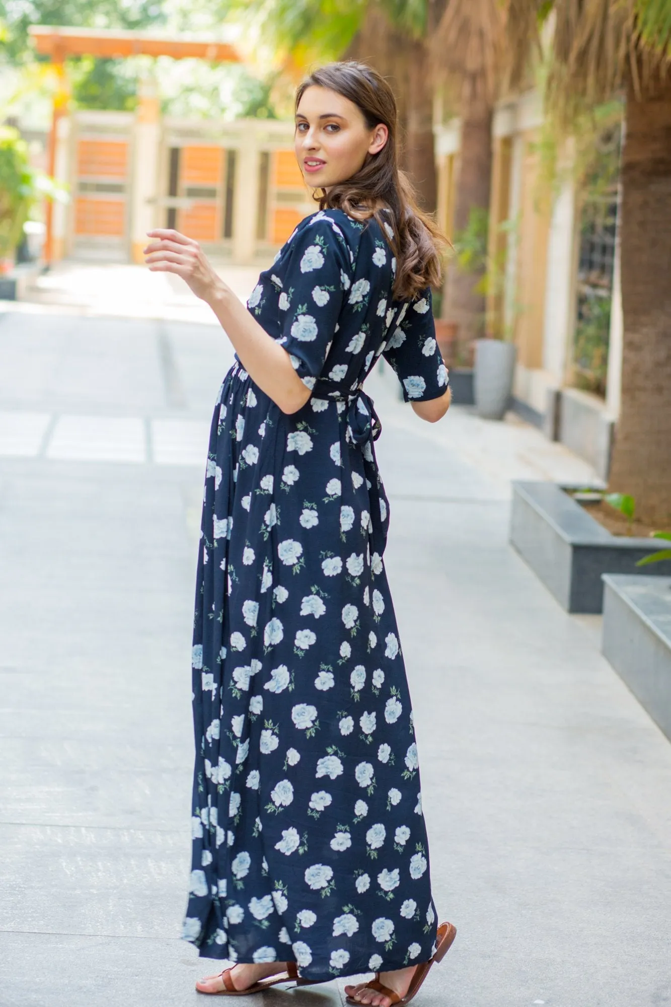 Navy White Blossom Maternity & Nursing Wrap Dress