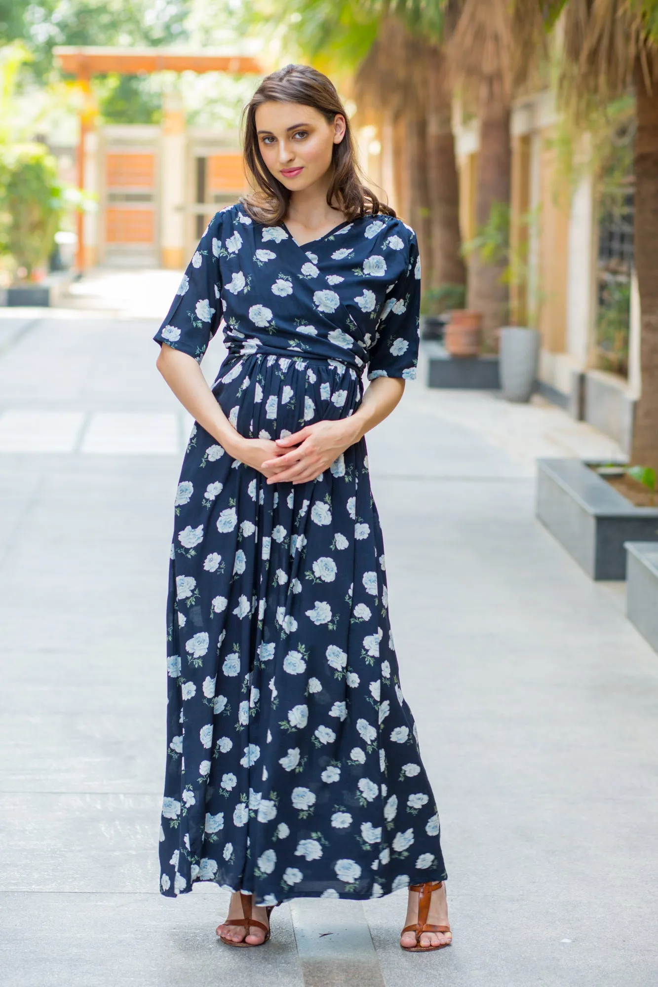 Navy White Blossom Maternity & Nursing Wrap Dress