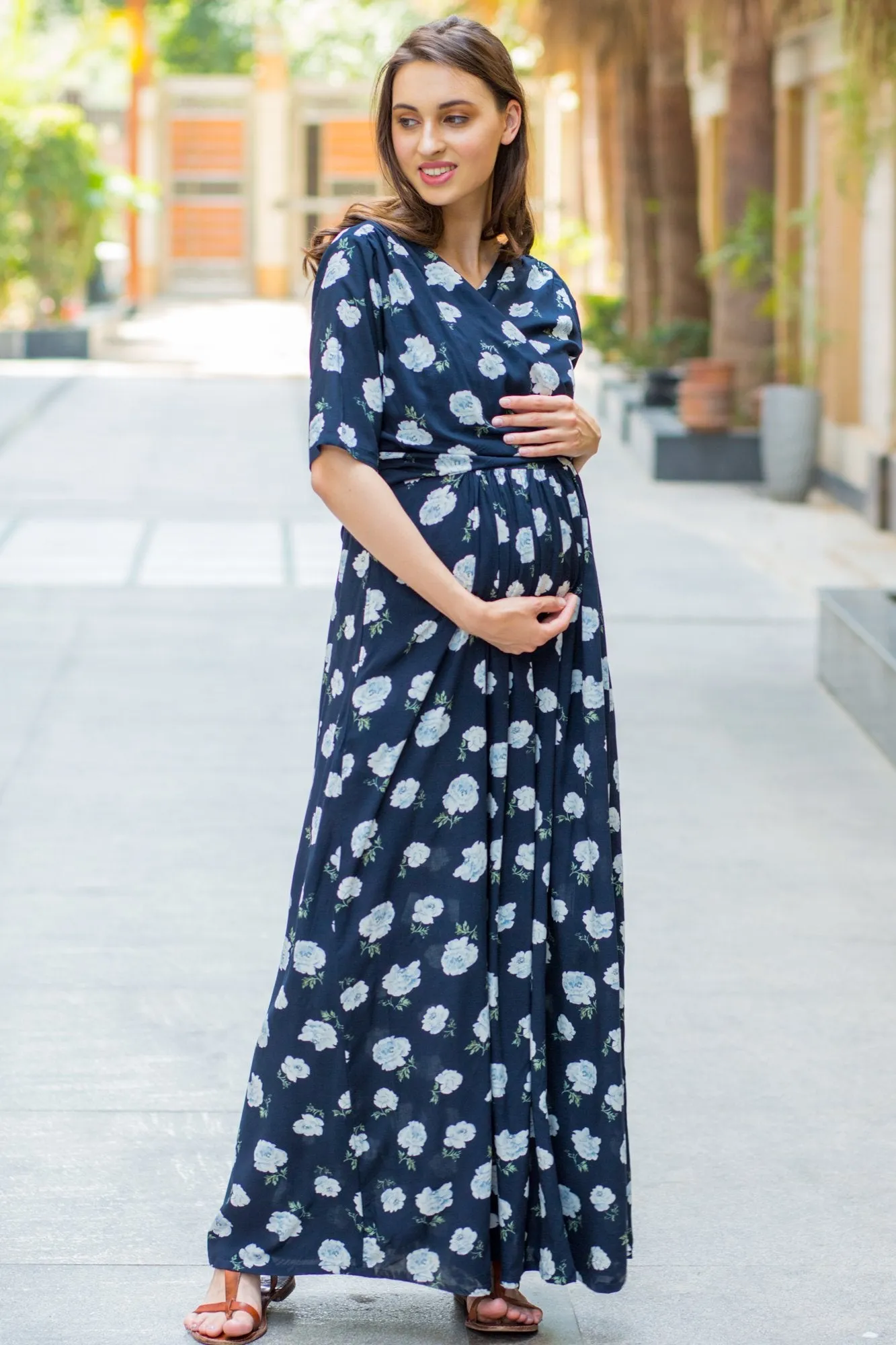 Navy White Blossom Maternity & Nursing Wrap Dress