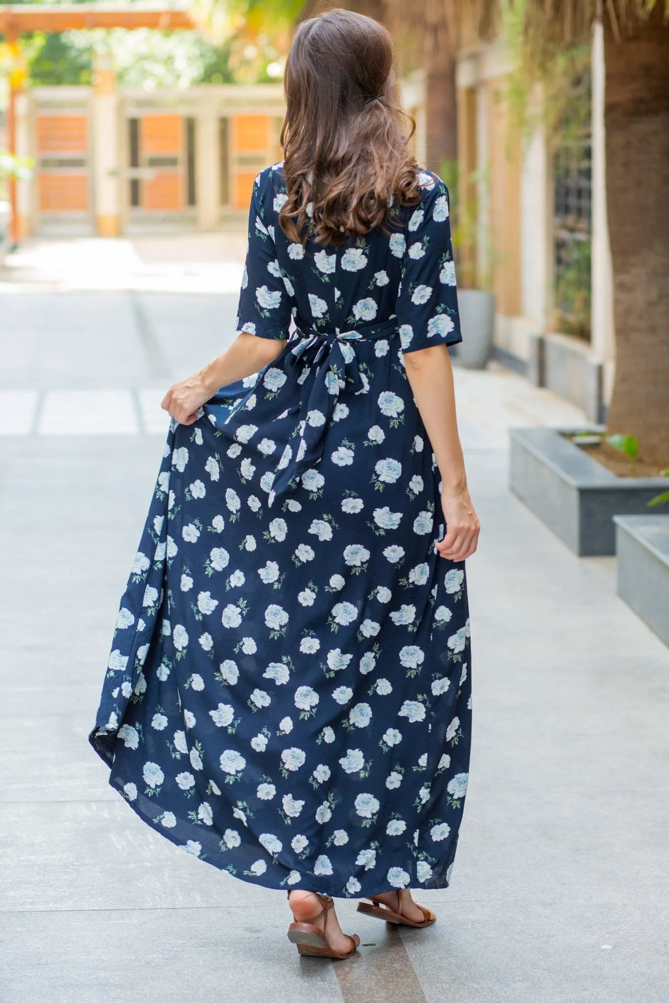 Navy White Blossom Maternity & Nursing Wrap Dress