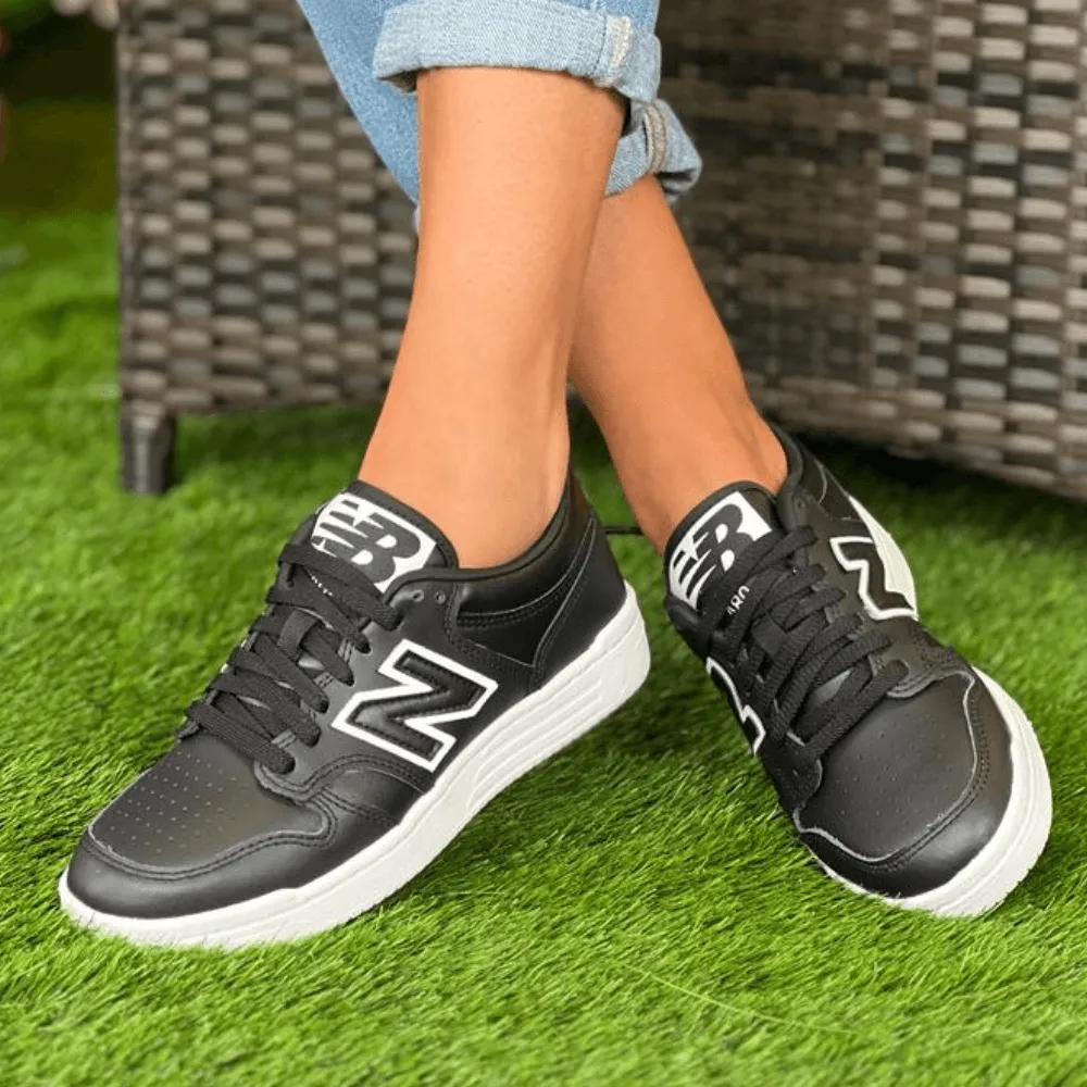 New Balance Unisex 480 Black with White Leather Trainers