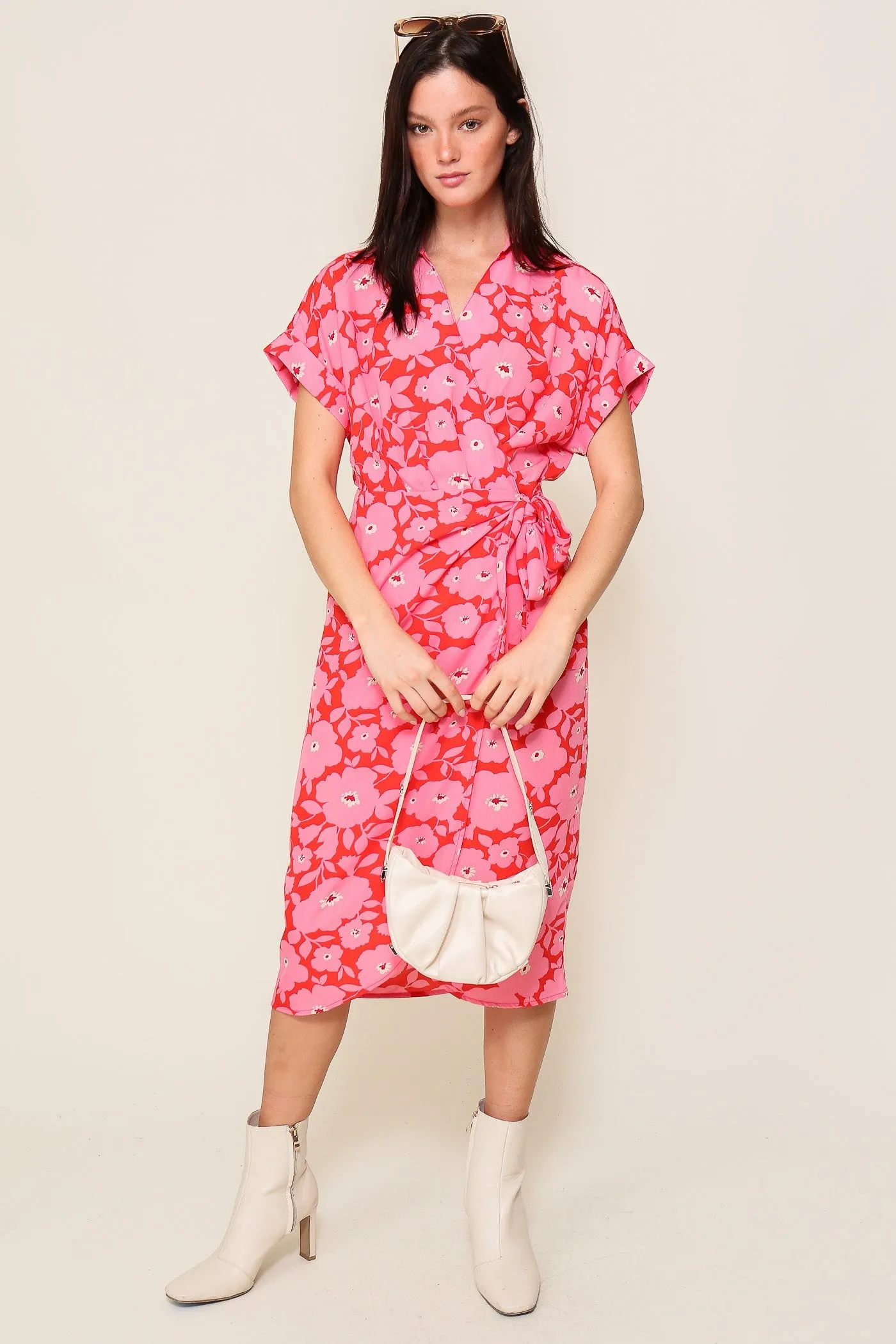 Orange Fuchsia Surplice Floral Print Wrap Midi Dress