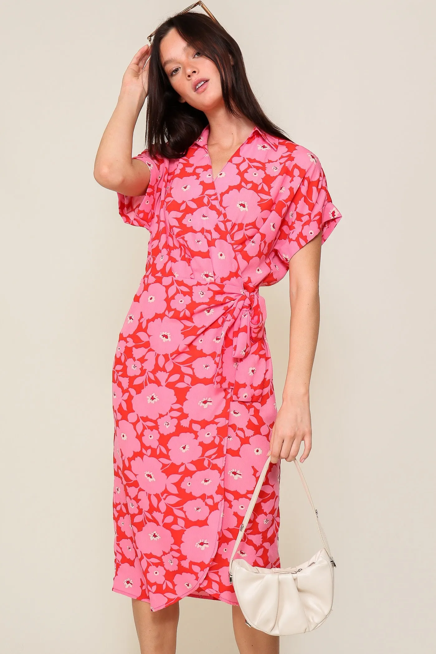 Orange Fuchsia Surplice Floral Print Wrap Midi Dress