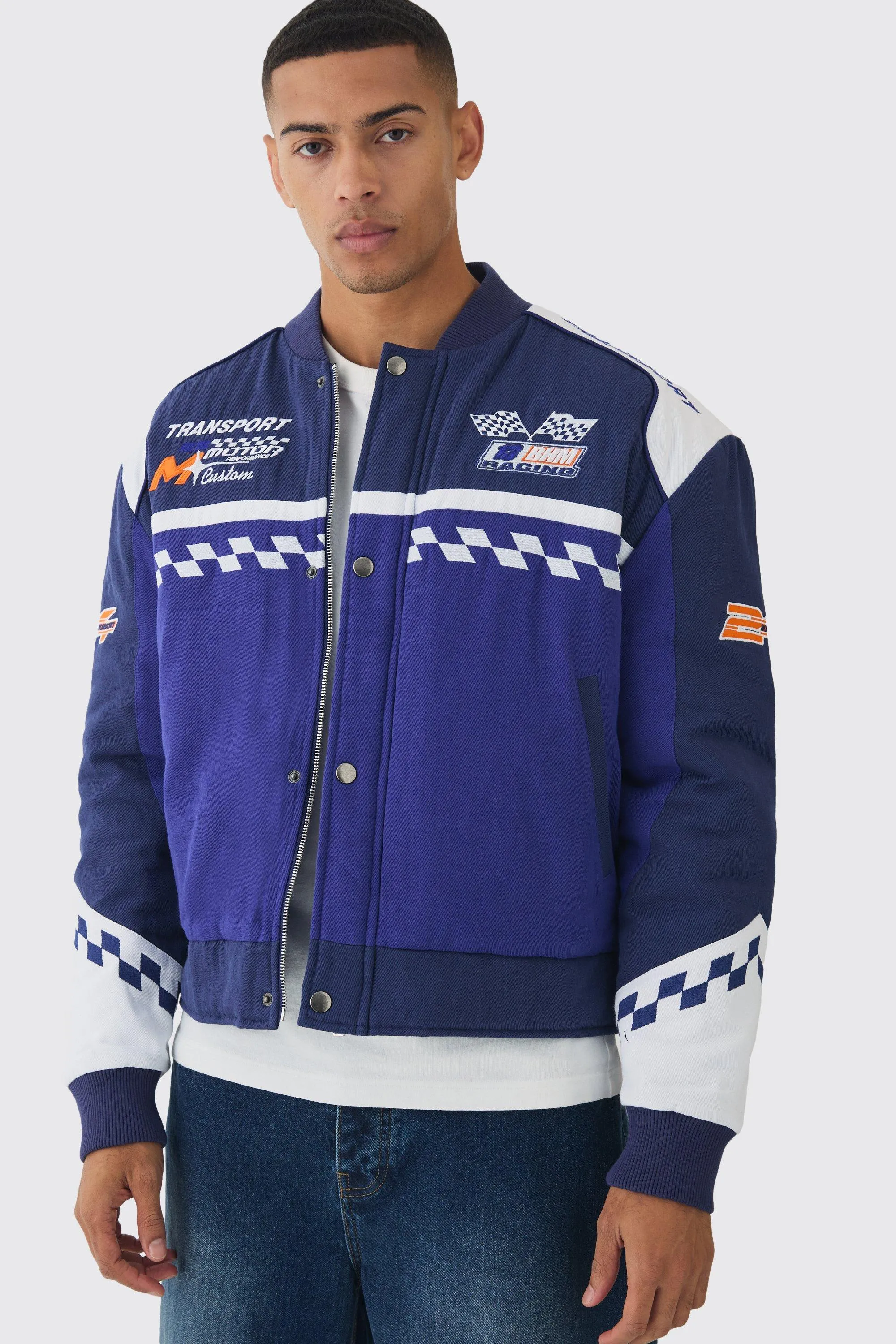 Oversized Boxy Official Twill Padded Moto Jacket In Blue