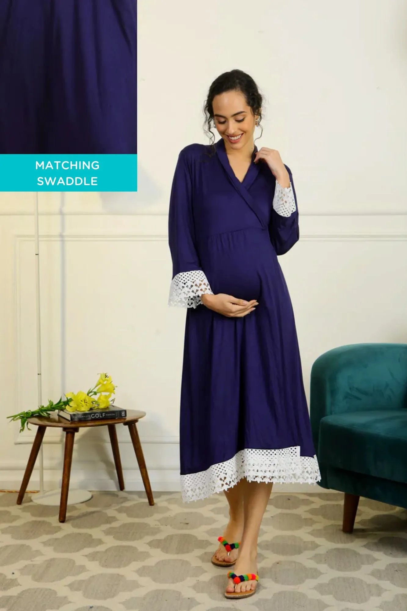 Paradise Indigo Blue Lycra Maternity & Nursing Wrap Nightwear Dress + Matching Baby Swaddle Set Of 2