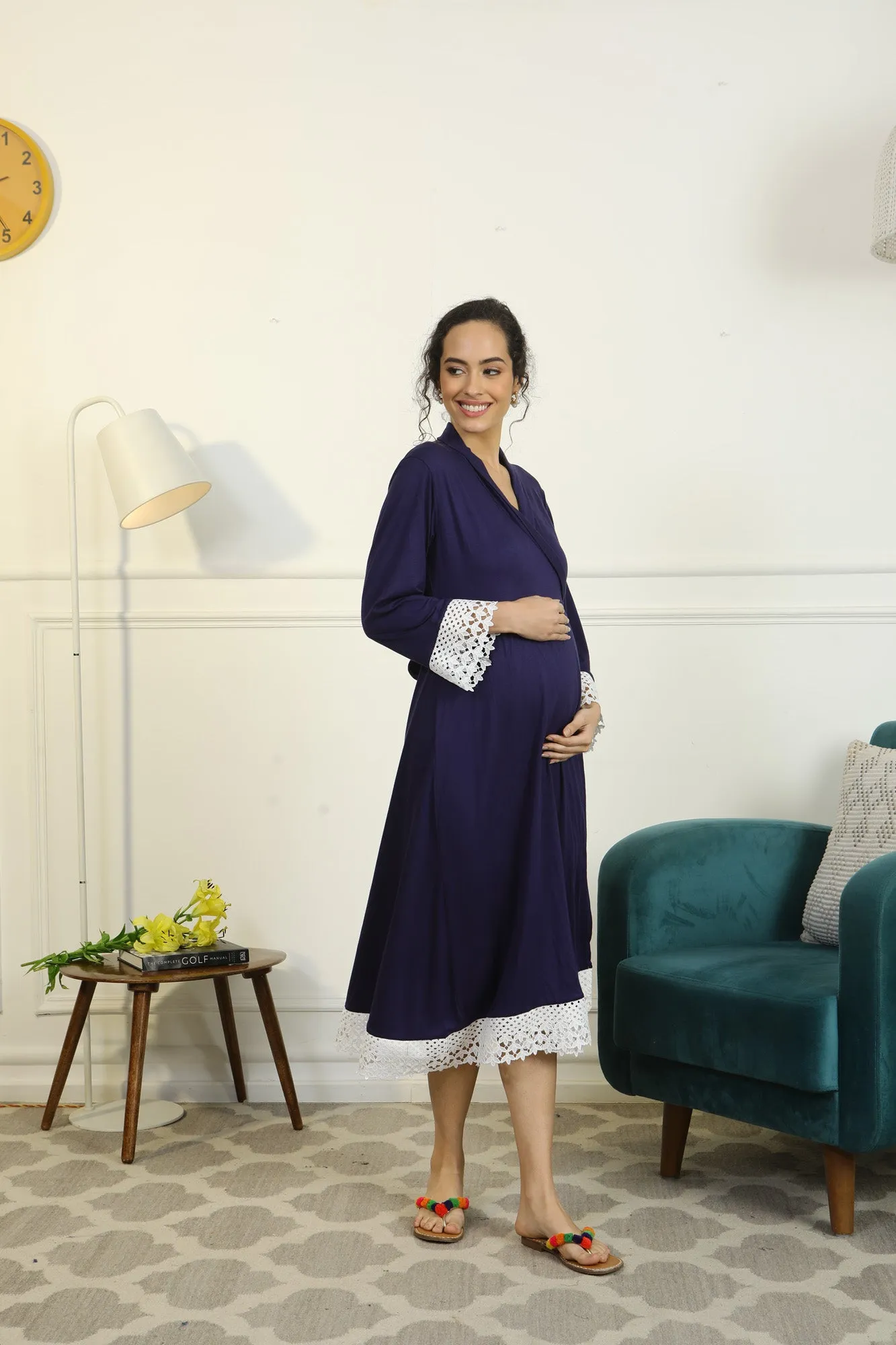 Paradise Indigo Blue Lycra Maternity & Nursing Wrap Nightwear Dress + Matching Baby Swaddle Set Of 2