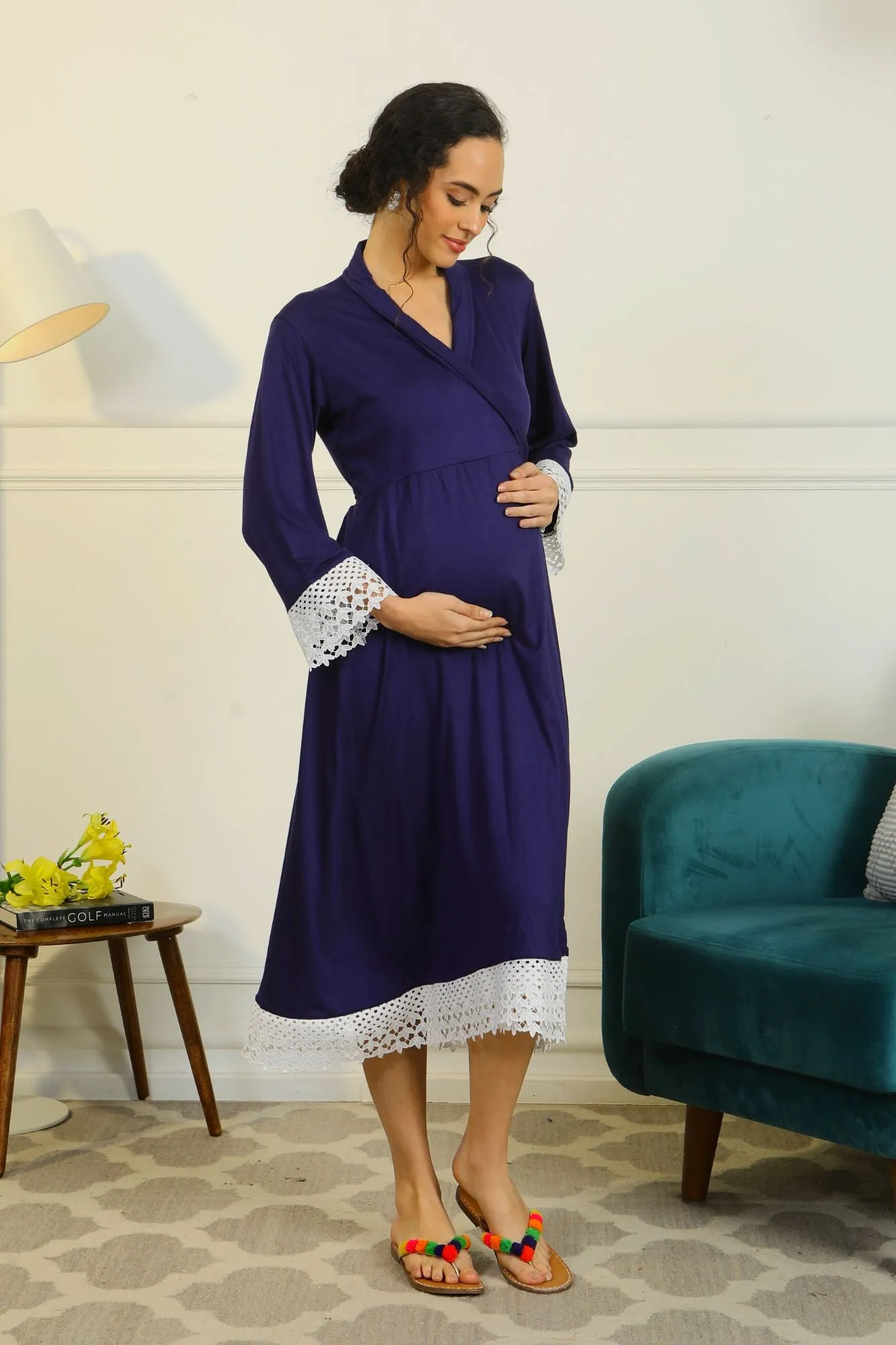 Paradise Indigo Blue Lycra Maternity & Nursing Wrap Nightwear Dress + Matching Baby Swaddle Set Of 2