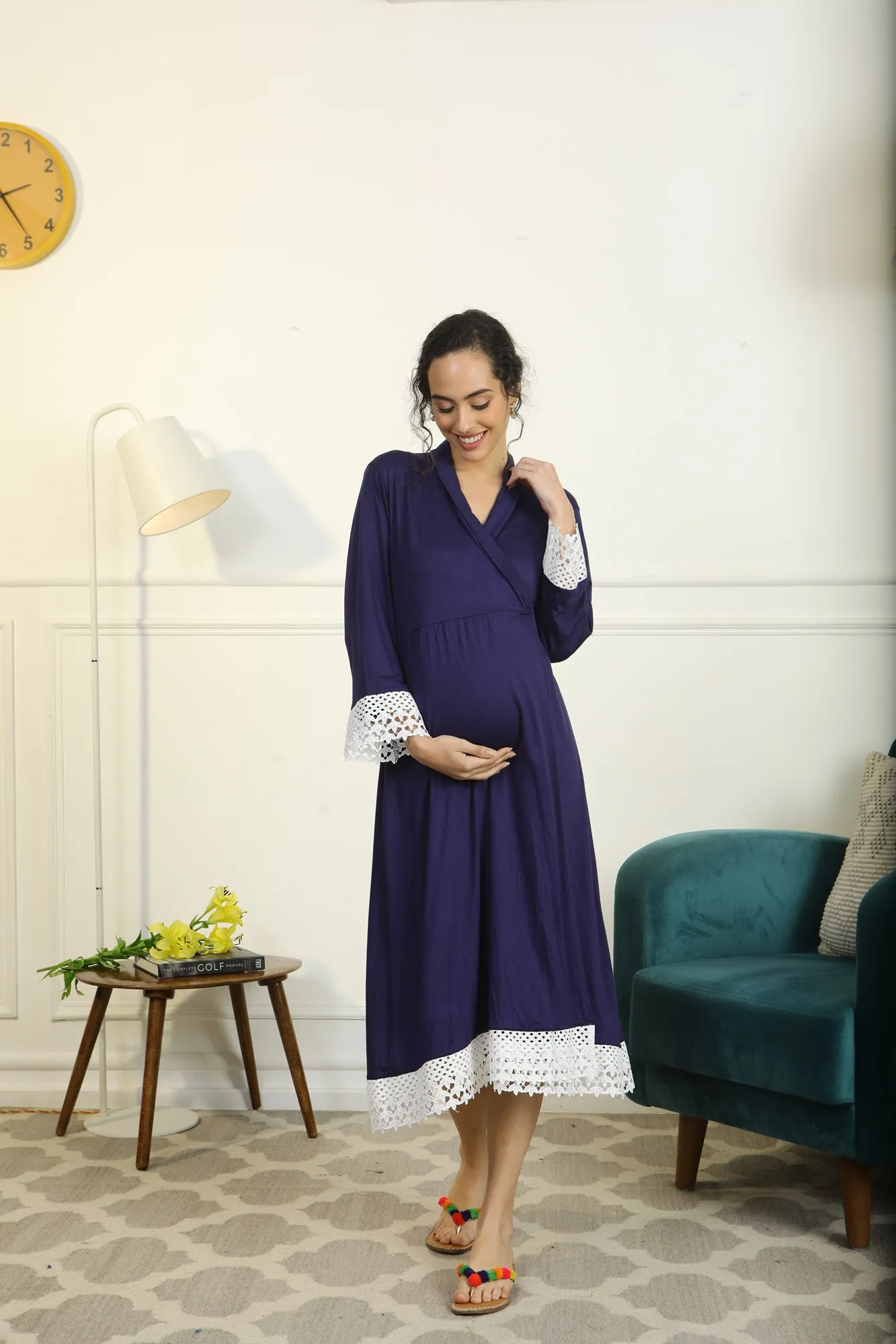 Paradise Indigo Blue Lycra Maternity & Nursing Wrap Nightwear Dress + Matching Baby Swaddle Set Of 2