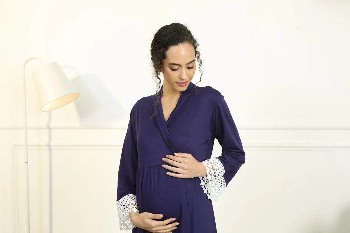 Paradise Indigo Blue Lycra Maternity & Nursing Wrap Nightwear Dress + Matching Baby Swaddle Set Of 2