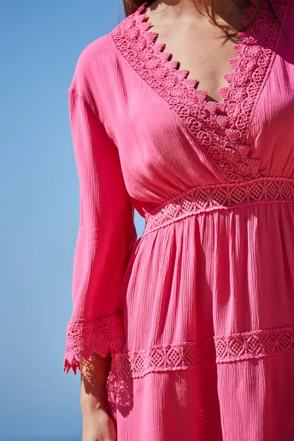 Pink Lace Trim Wrap Front Sun Dress