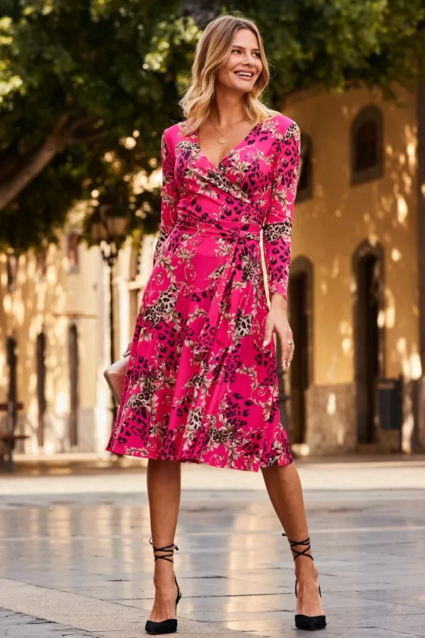 Pink Multi Print Faux Wrap Midi Jersey Dress