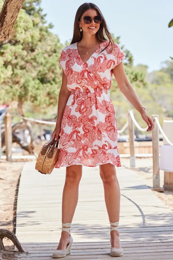 Pink Paisley Print Flutter Sleeve Crinkle Wrap Dress