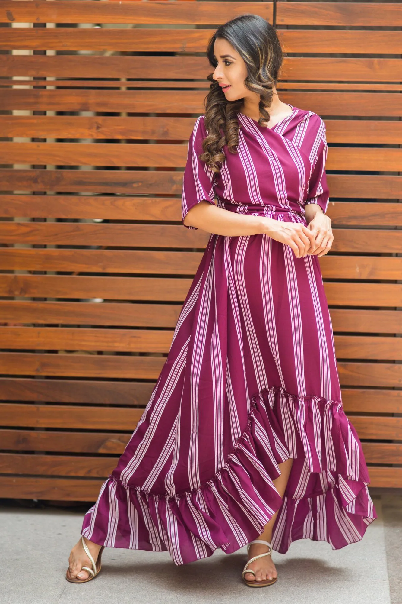 Plum Striped Hi-Low Frill Maternity & Nursing Wrap Dress