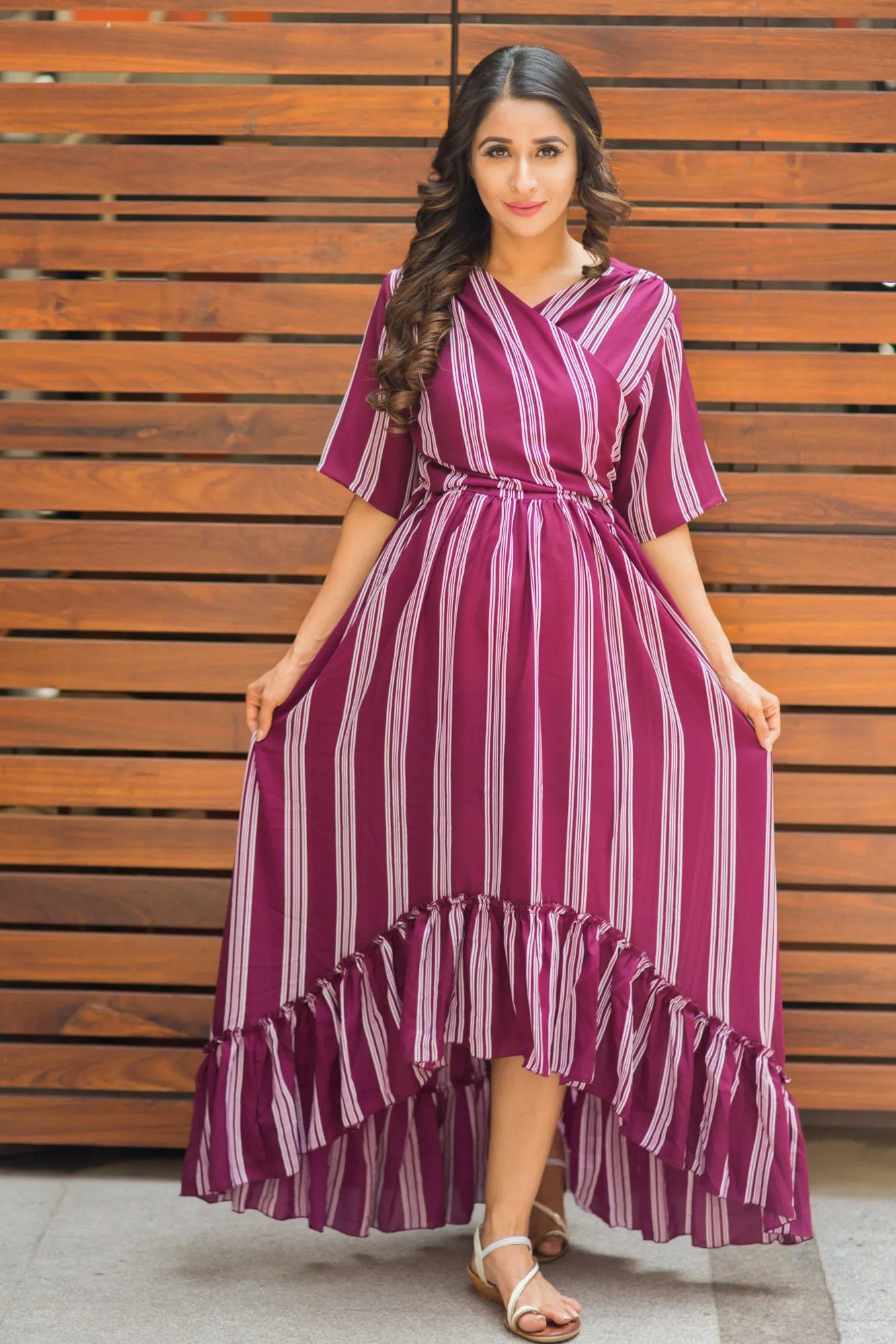 Plum Striped Hi-Low Frill Maternity & Nursing Wrap Dress