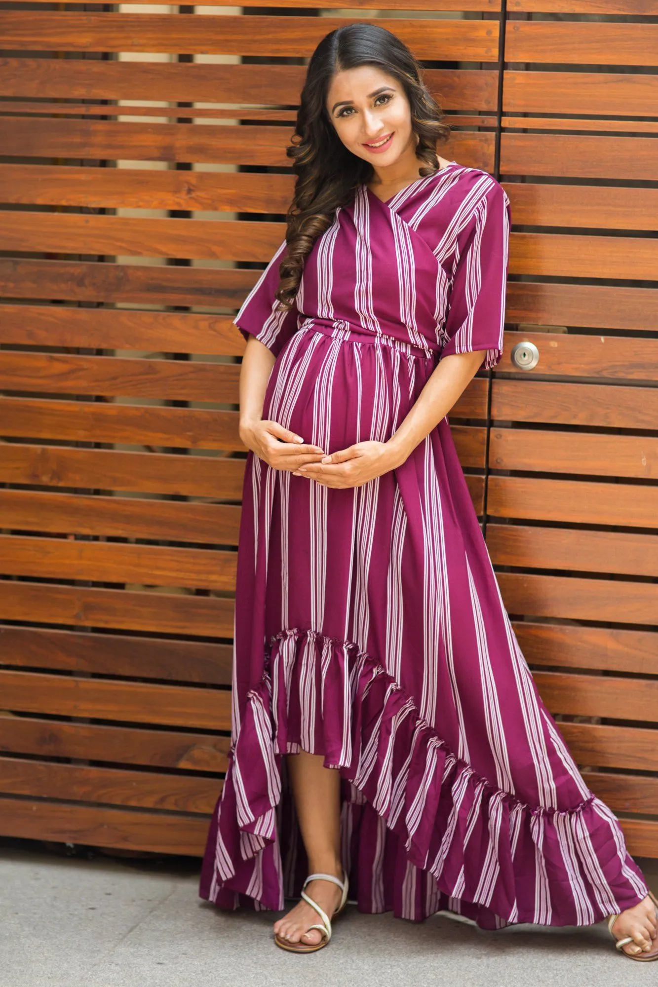 Plum Striped Hi-Low Frill Maternity & Nursing Wrap Dress