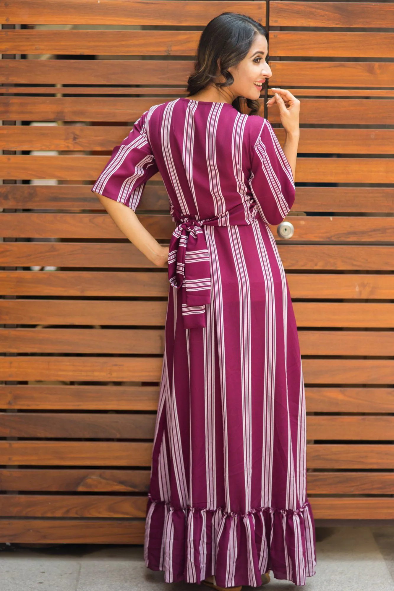 Plum Striped Hi-Low Frill Maternity & Nursing Wrap Dress