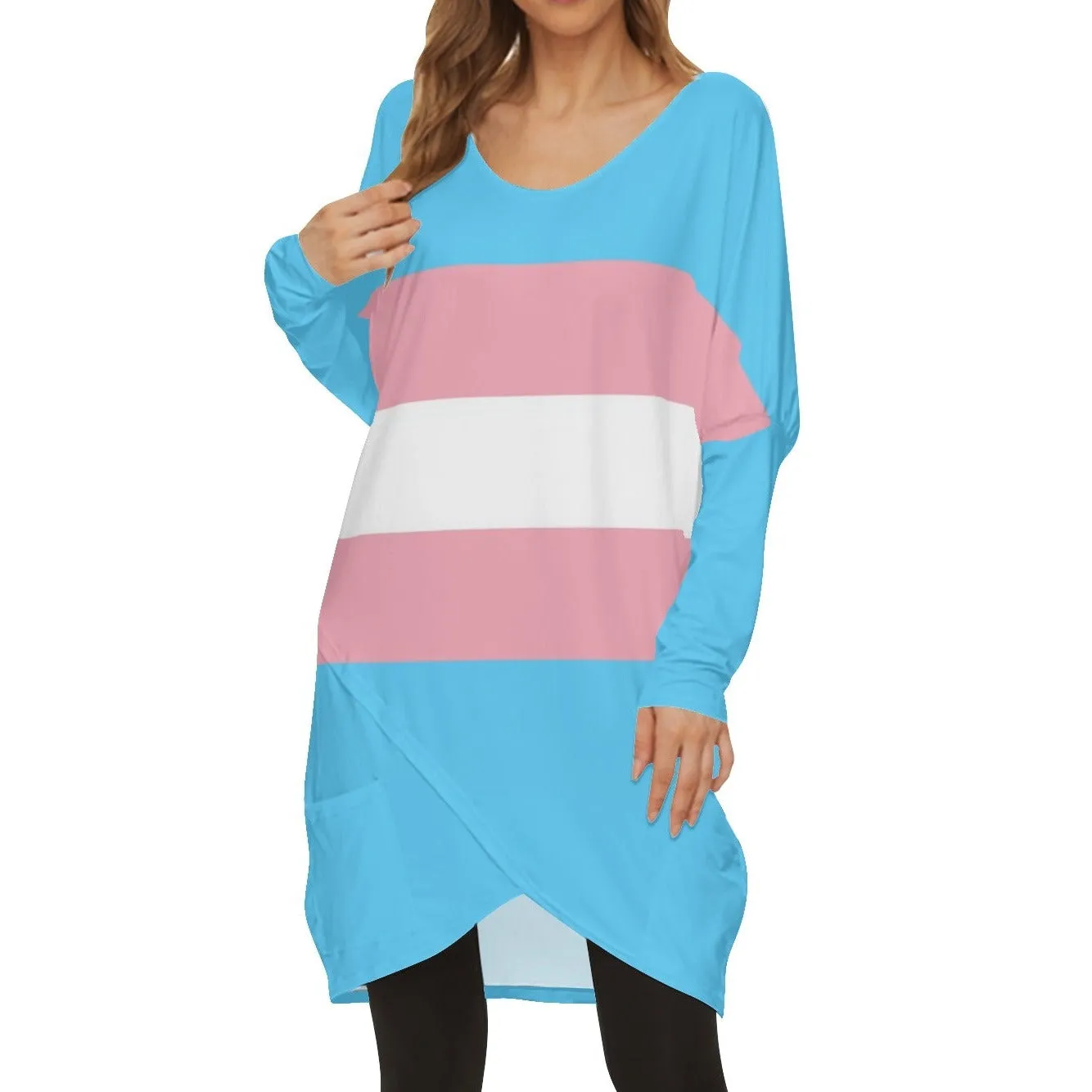 Plus Size Trans Coloured Trans Pride Casual Long-Sleeved Wrap-Over Smock Dress