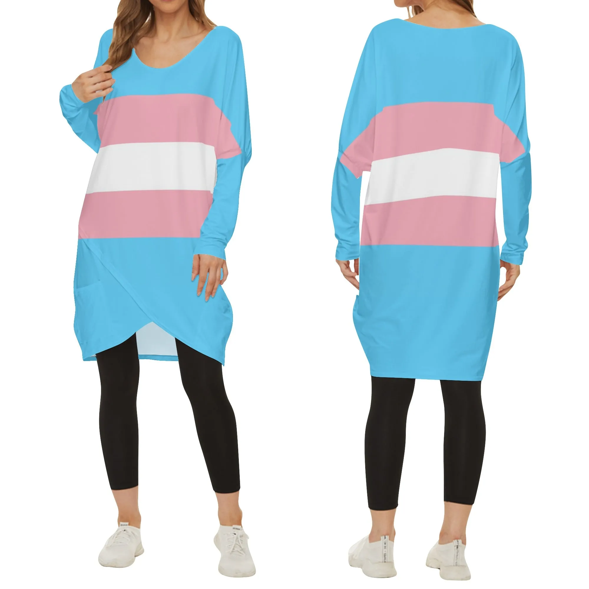 Plus Size Trans Coloured Trans Pride Casual Long-Sleeved Wrap-Over Smock Dress