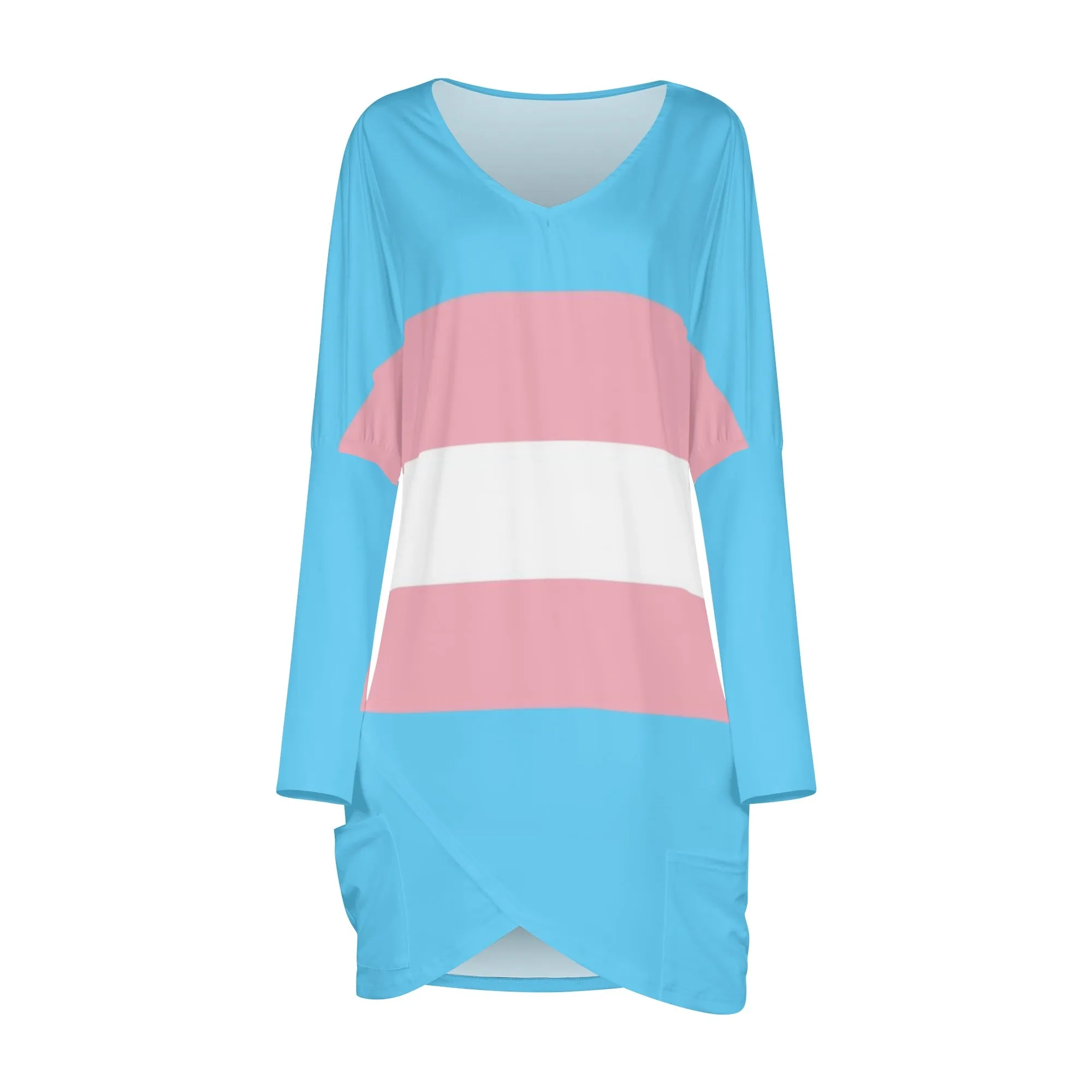 Plus Size Trans Coloured Trans Pride Casual Long-Sleeved Wrap-Over Smock Dress