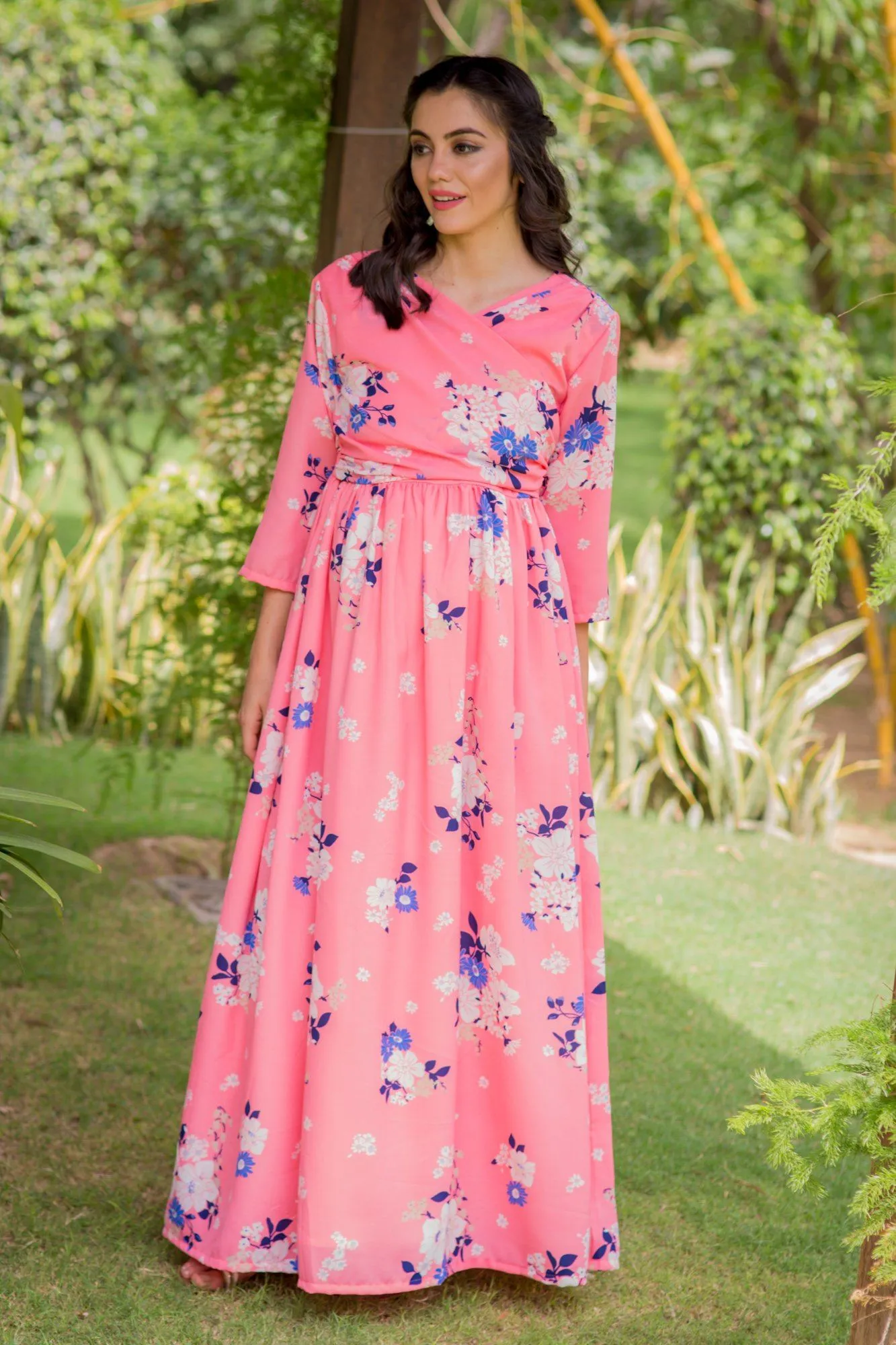 Plush Pink Floral Maternity & Nursing Crepe Wrap Dress