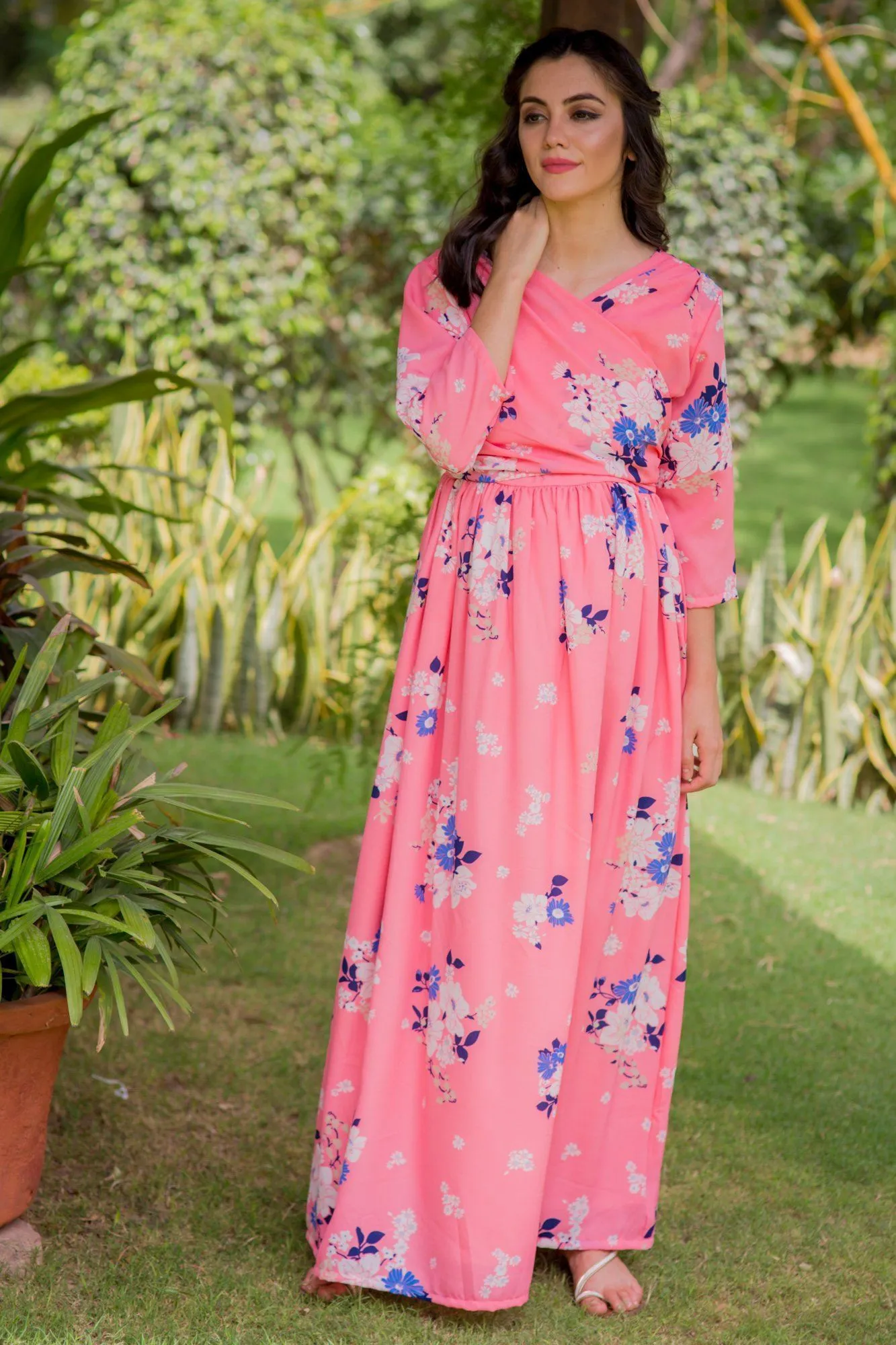 Plush Pink Floral Maternity & Nursing Crepe Wrap Dress