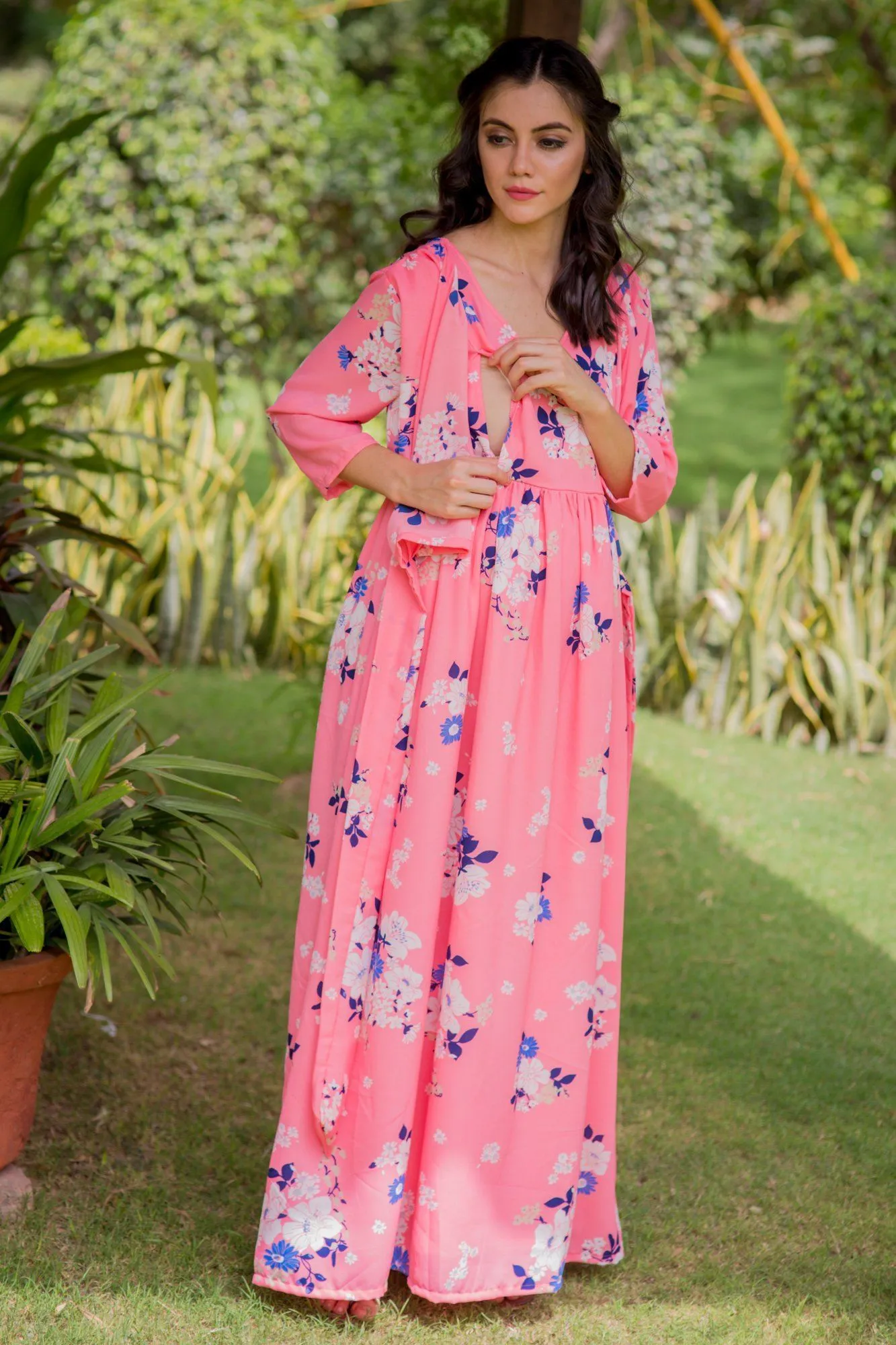 Plush Pink Floral Maternity & Nursing Crepe Wrap Dress