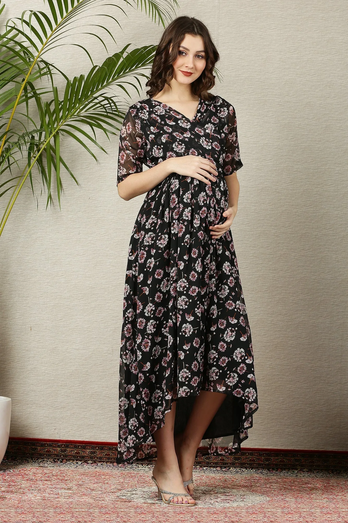 Pretty Rich Black Floral Maternity & Nursing Hi-Low Wrap Dress