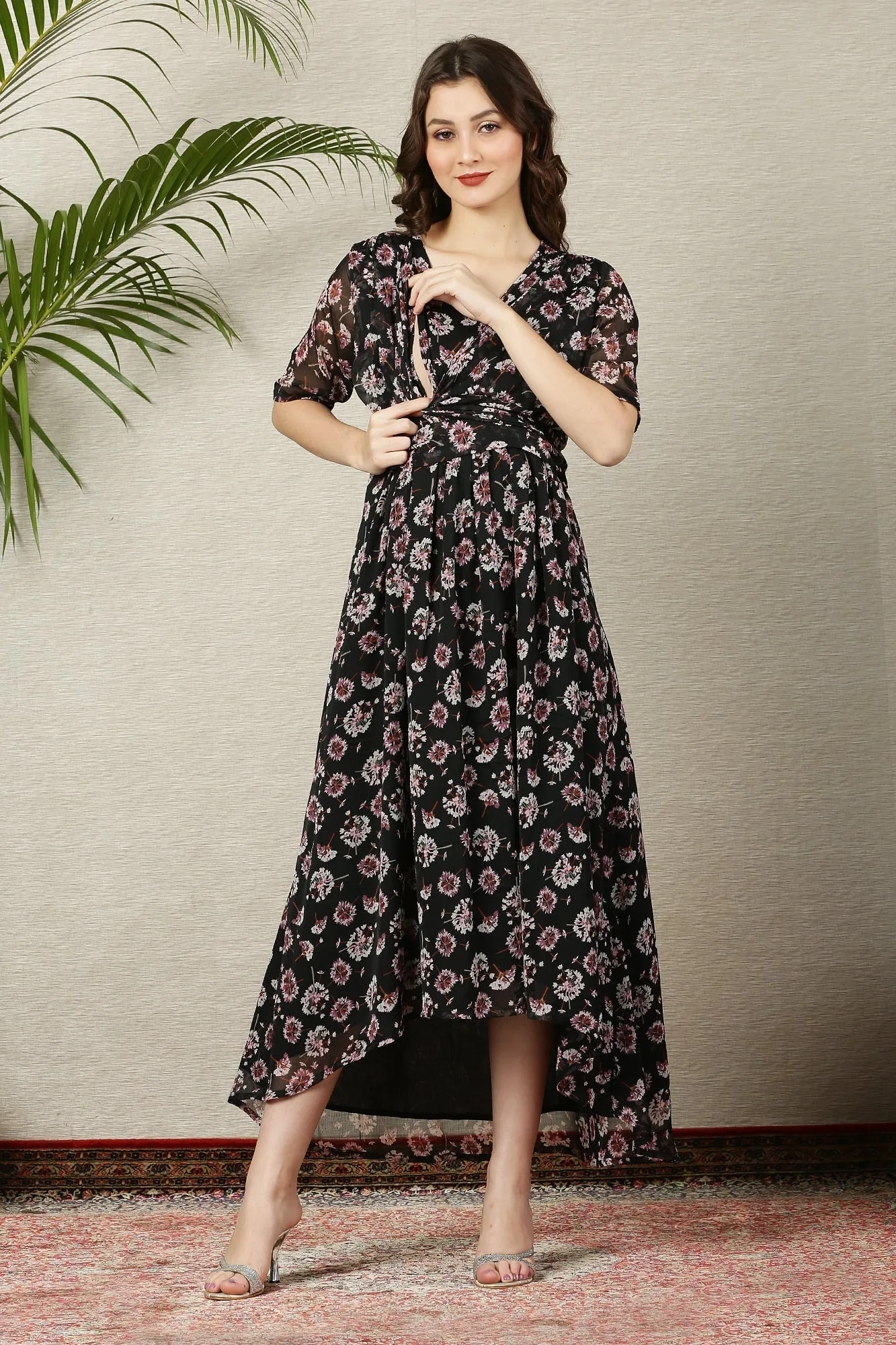 Pretty Rich Black Floral Maternity & Nursing Hi-Low Wrap Dress