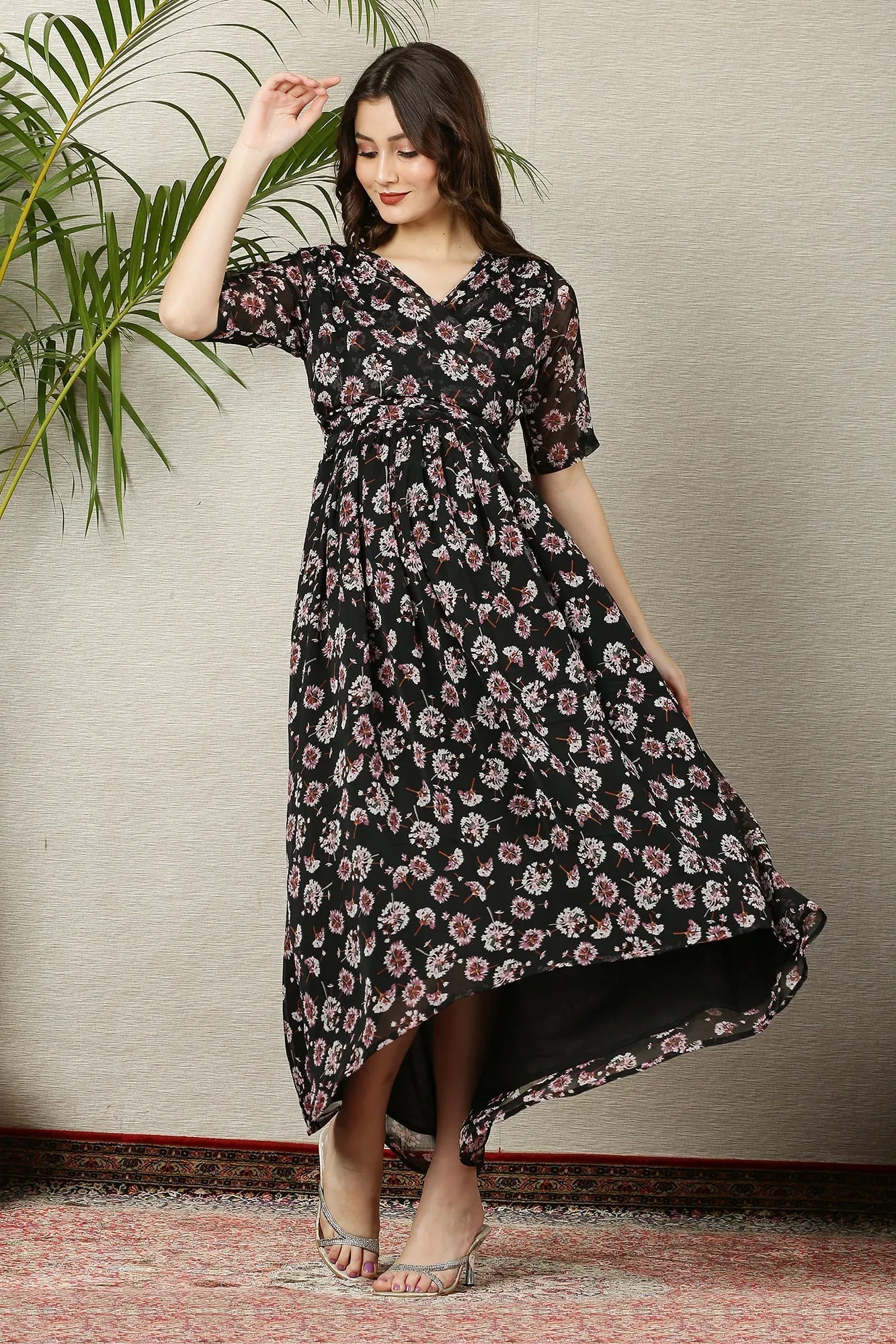 Pretty Rich Black Floral Maternity & Nursing Hi-Low Wrap Dress