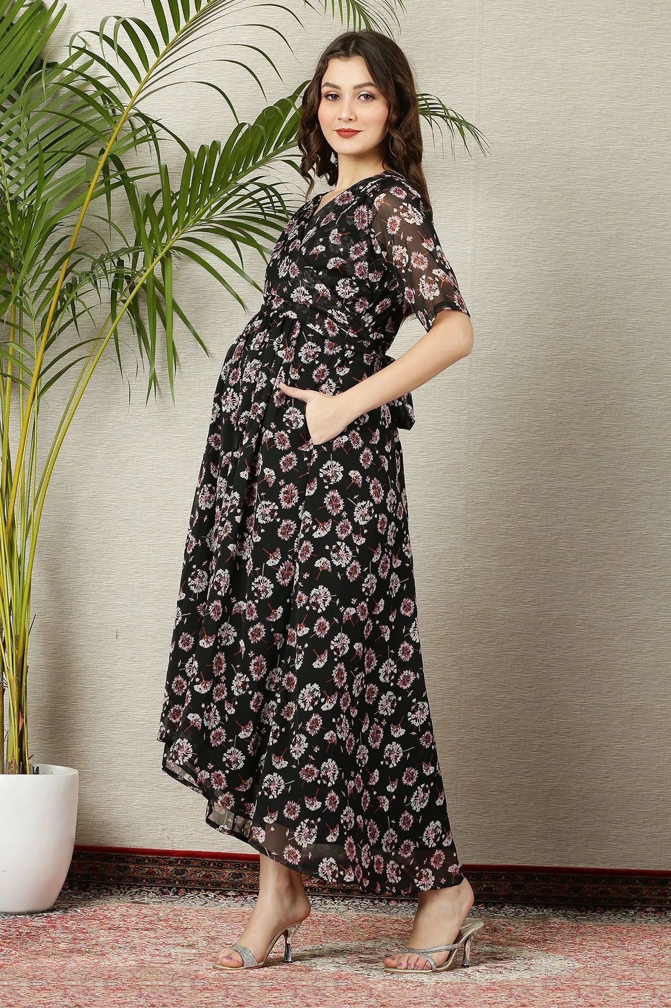 Pretty Rich Black Floral Maternity & Nursing Hi-Low Wrap Dress