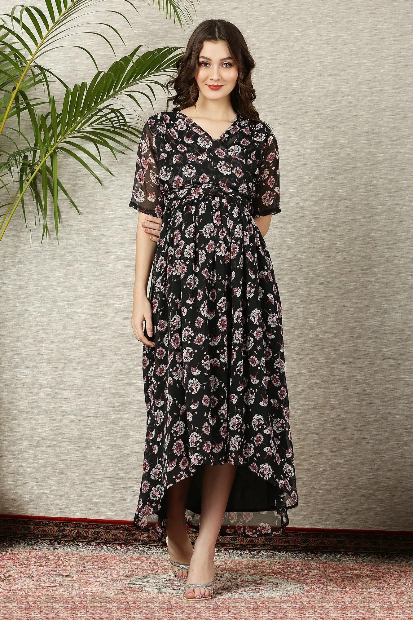 Pretty Rich Black Floral Maternity & Nursing Hi-Low Wrap Dress