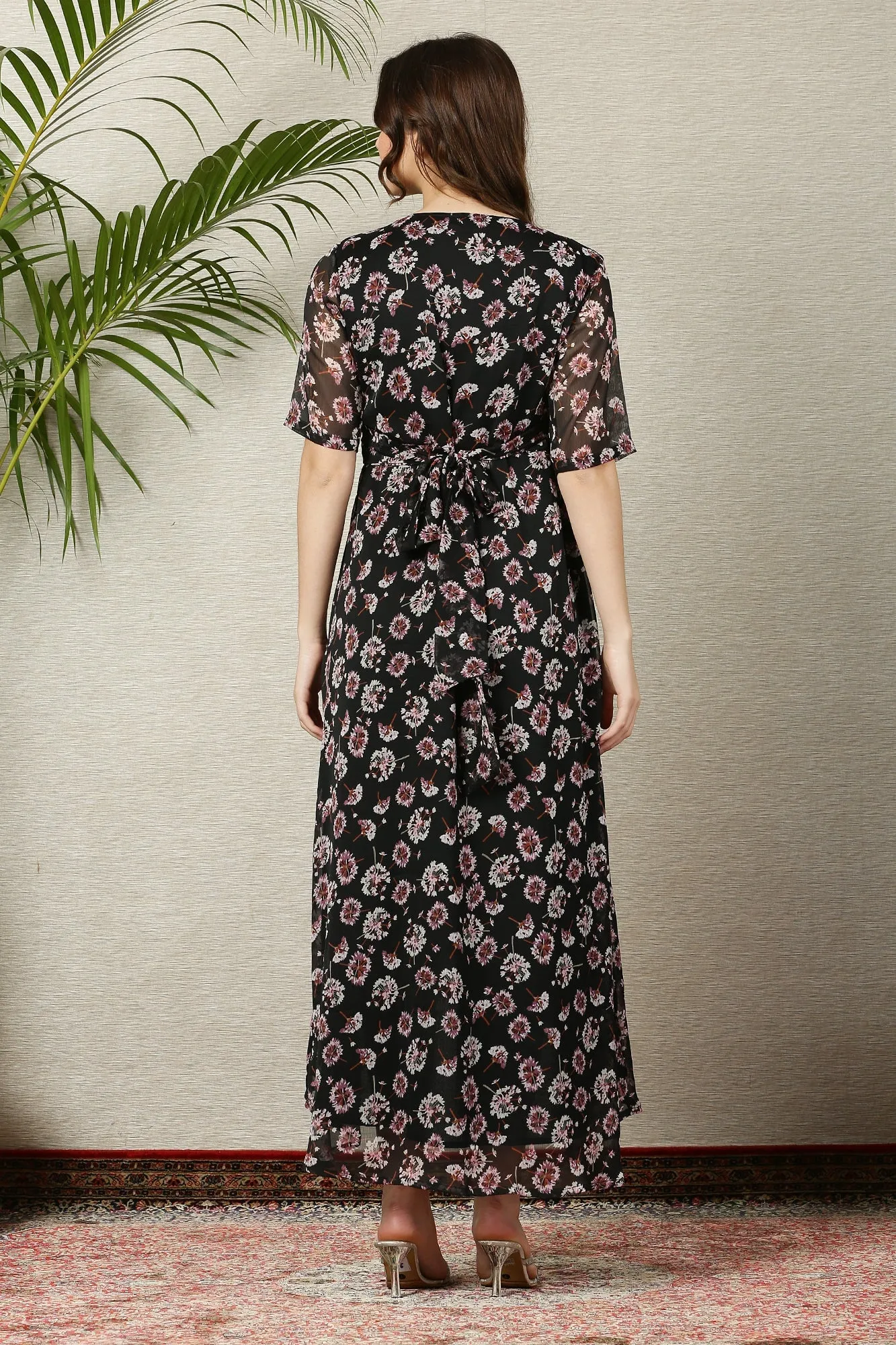 Pretty Rich Black Floral Maternity & Nursing Hi-Low Wrap Dress