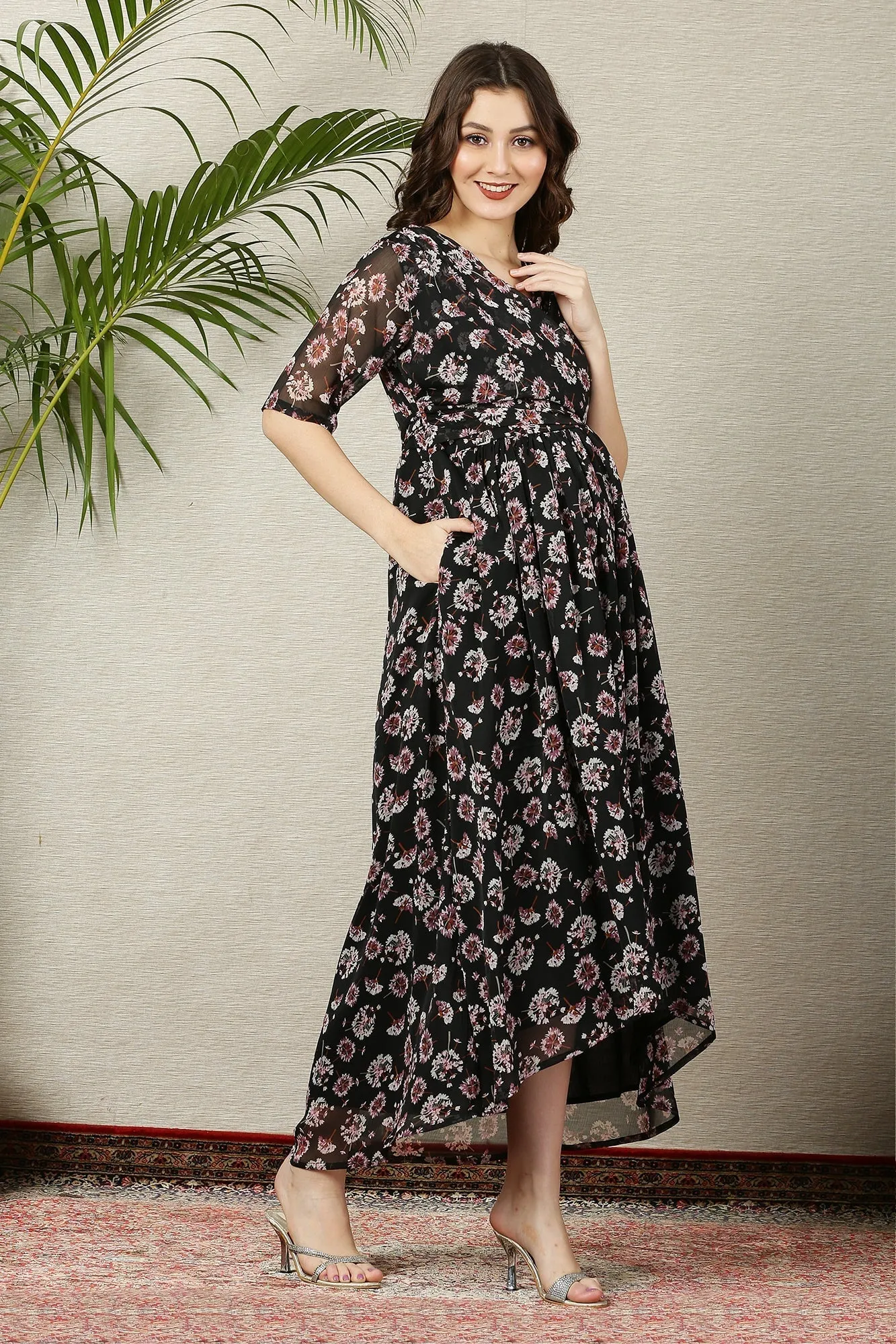 Pretty Rich Black Floral Maternity & Nursing Hi-Low Wrap Dress